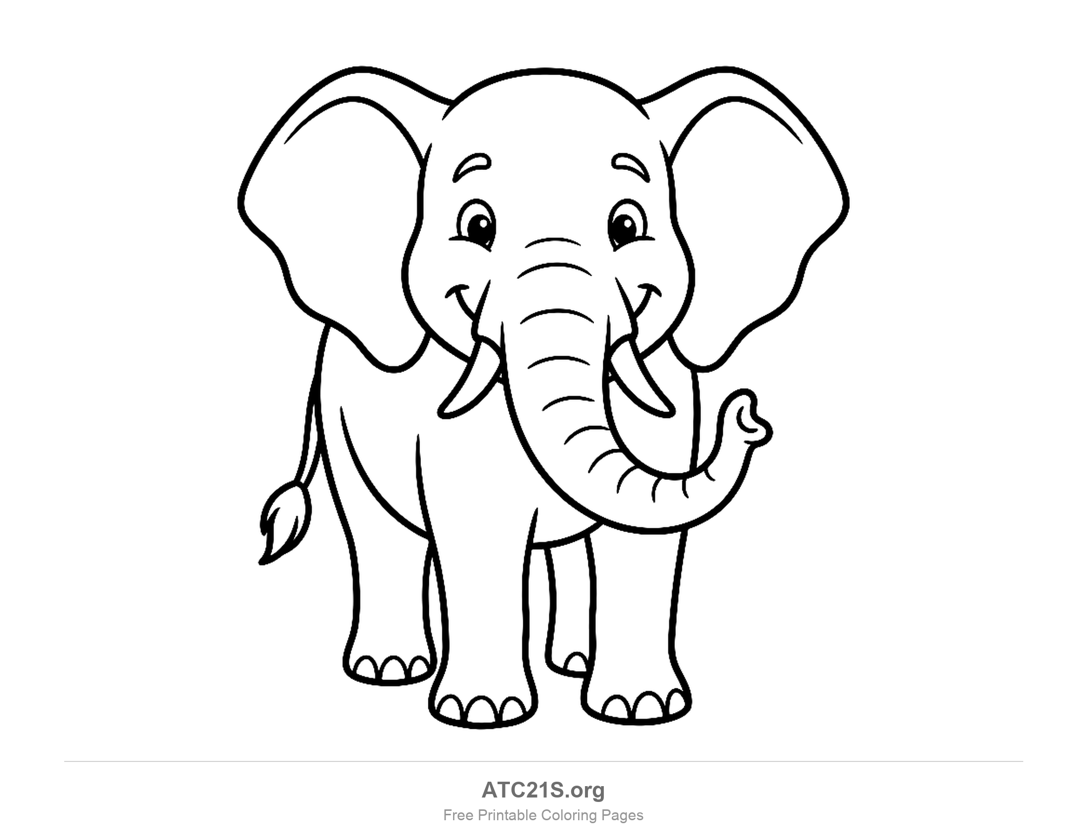 Smiling elephant standing and facing forward with wide ears, small tusks and a curled trunk, printable coloring page