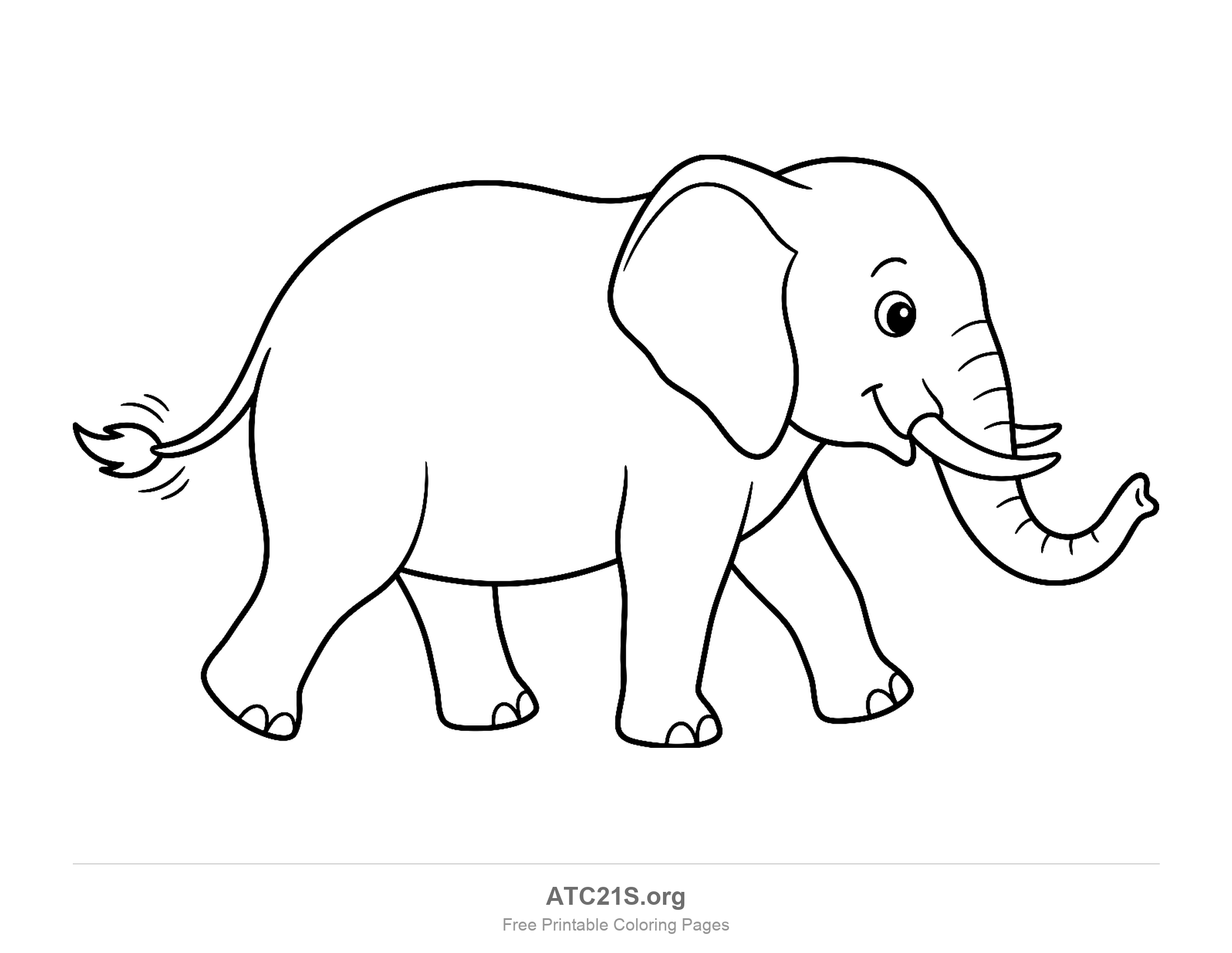 Elephant walking in side view with its trunk swinging forward and tail flicking, easy thick-outline coloring page