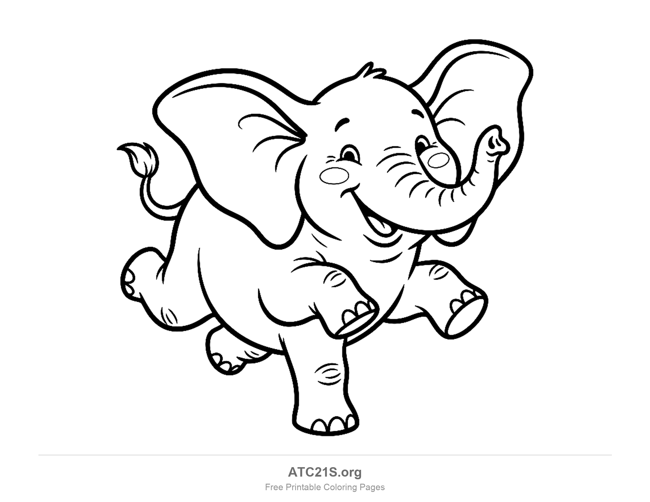 Happy baby elephant running forward with its ears flapping and trunk raised, coloring page to print