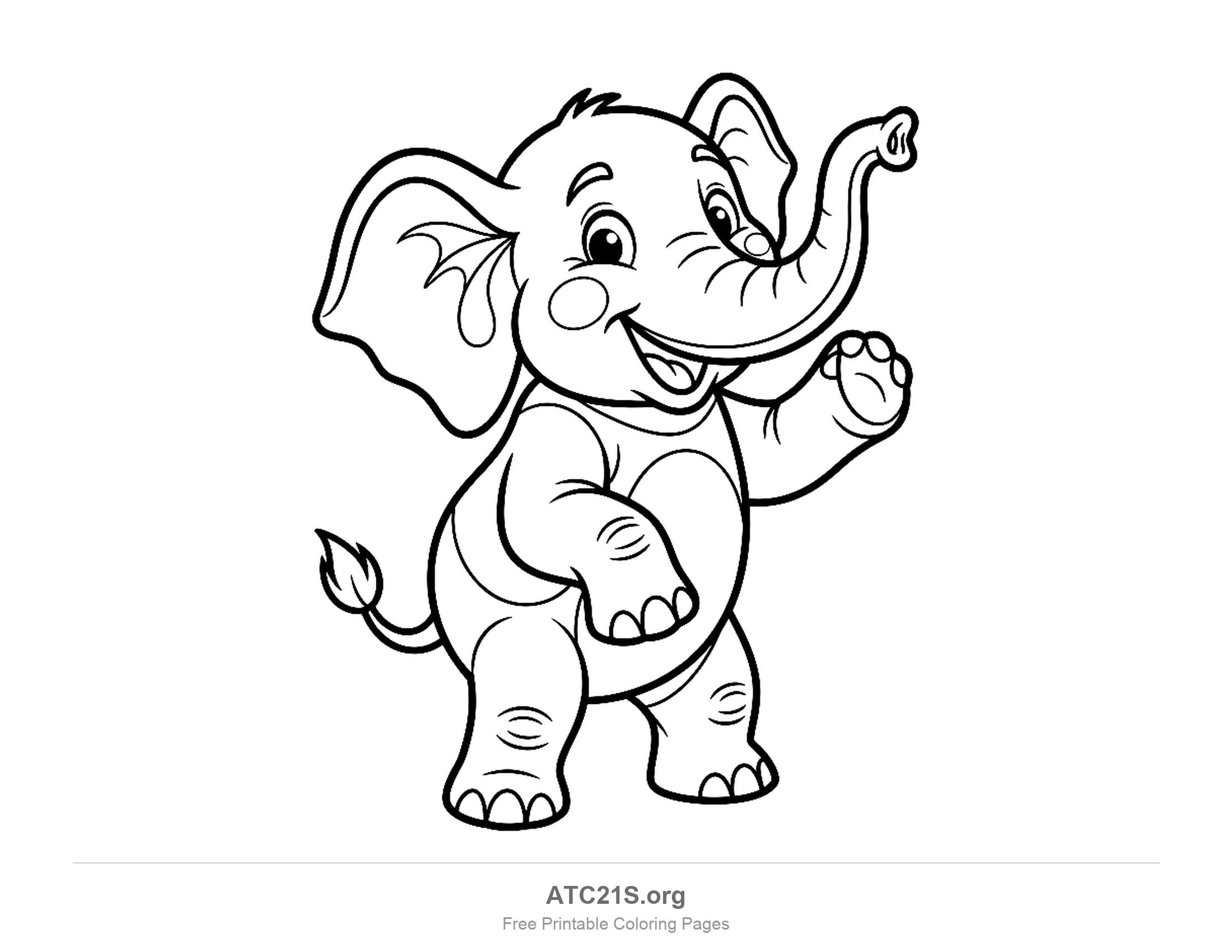 Cartoon elephant standing upright waving one foot with its trunk lifted high, coloring page for kids