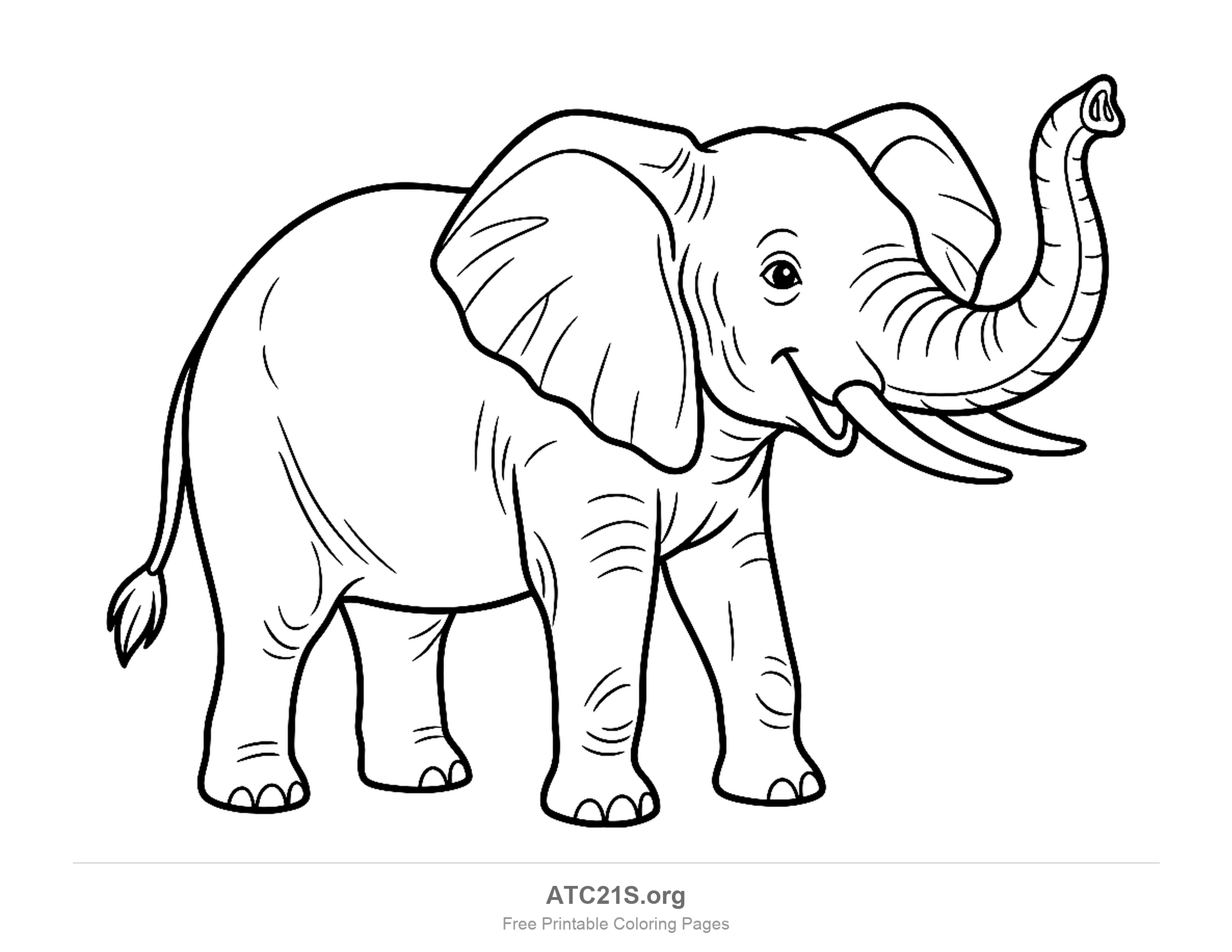 African elephant trumpeting with its trunk raised, large veined ears and long tusks, detailed coloring page for older kids