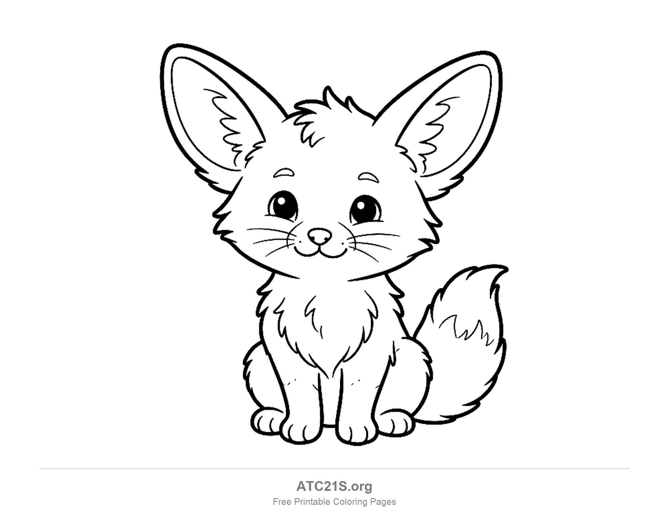 Cute fox sitting with enormous pointed ears, big round eyes, a fluffy chest and a bushy tail, simple coloring page for preschoolers