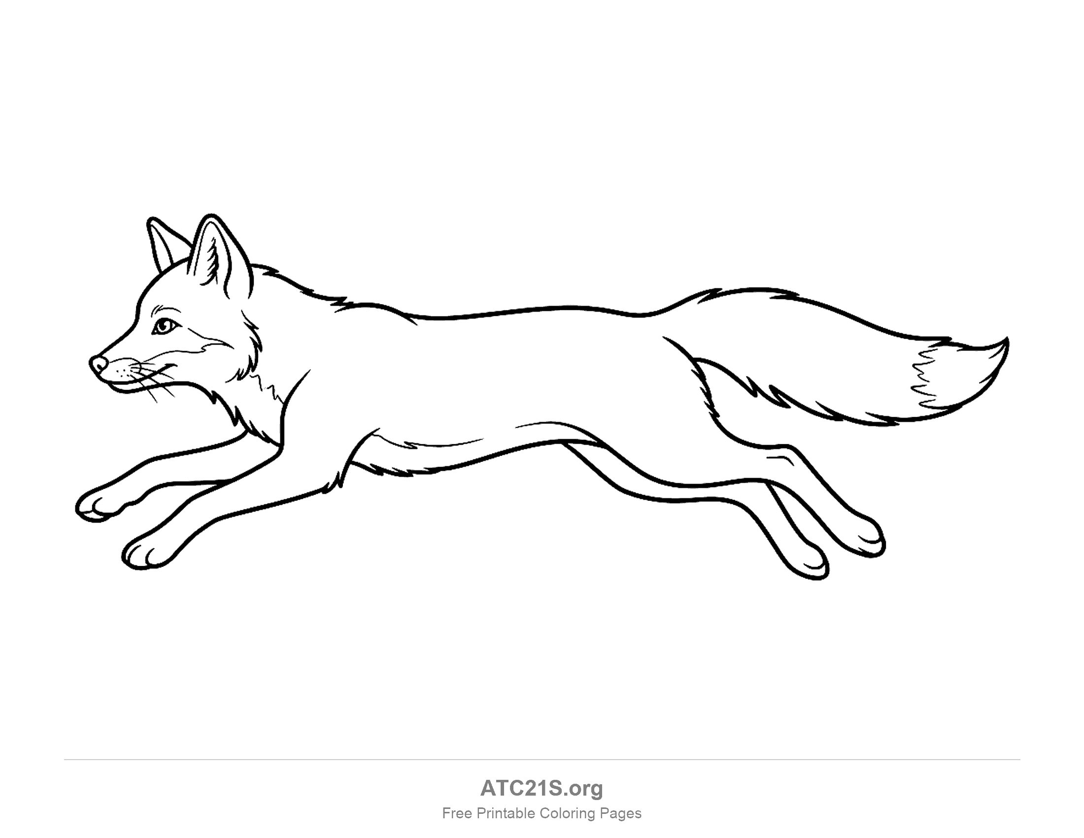 Simple outline of a fox leaping through the air with legs stretched and a long tail, easy coloring page for kids