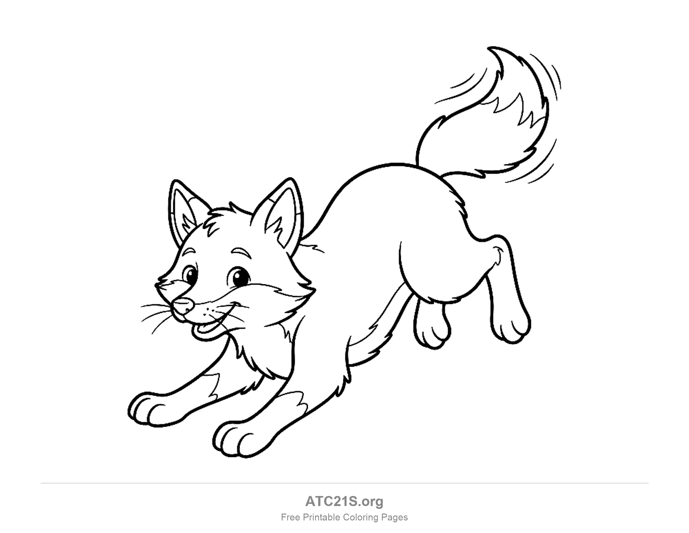 Playful cartoon fox in a pouncing play-bow with front paws down, a wagging tail and its tongue out, coloring page