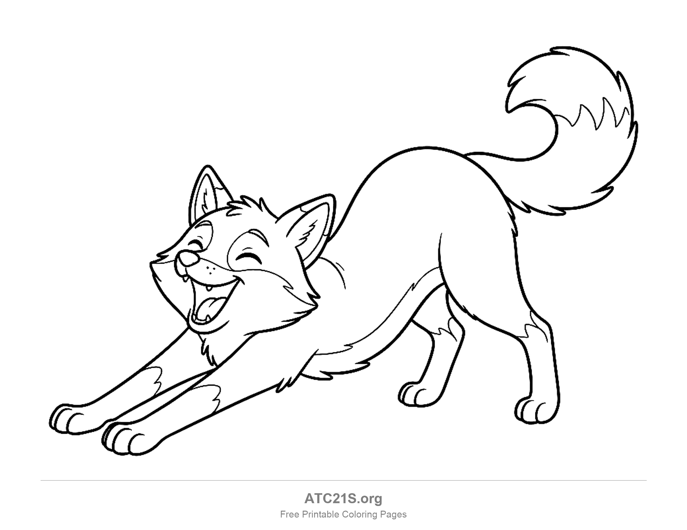Cartoon fox stretching with front paws forward, mouth open in a yawn and a curled-up tail, printable coloring page