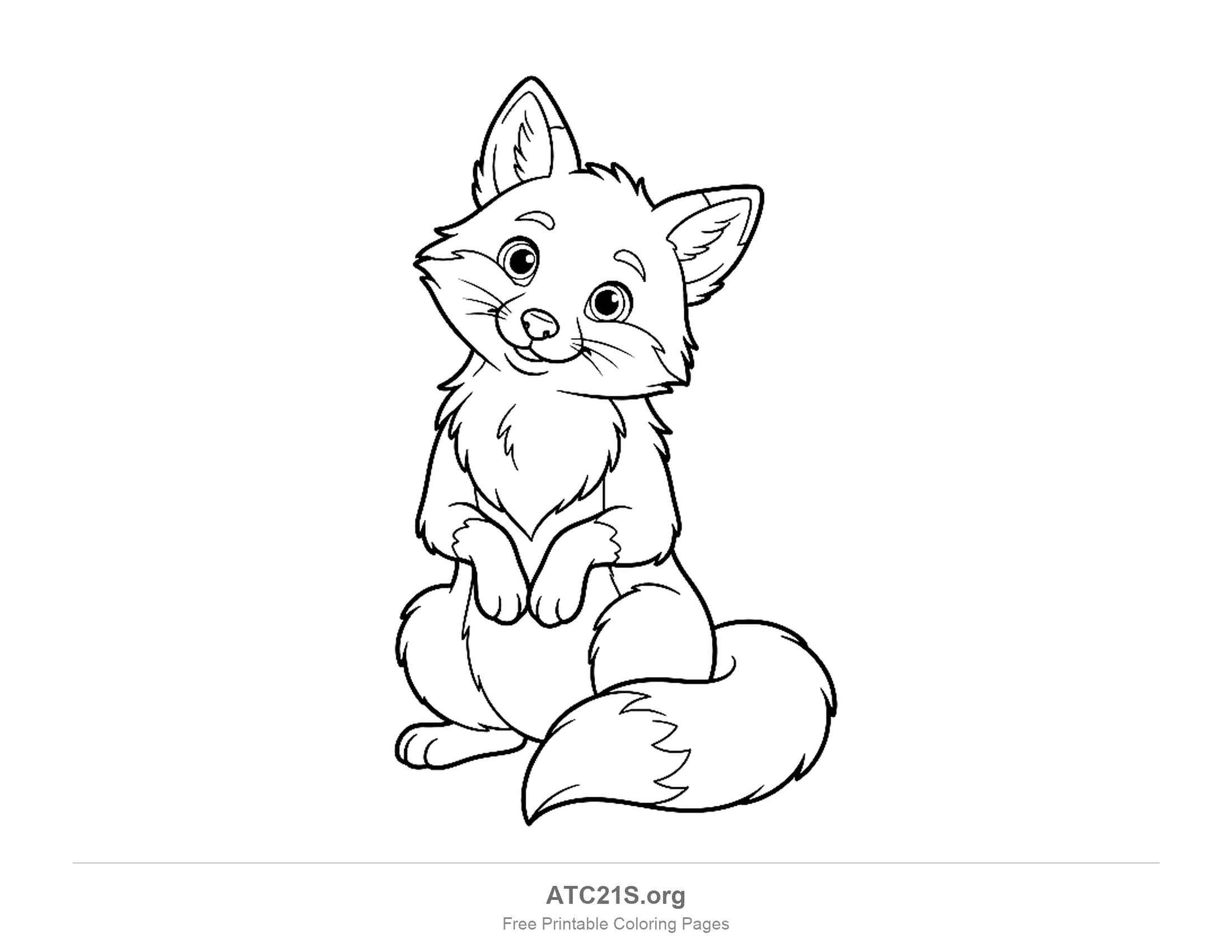 Fox sitting upright with its front paws together, head tilted and a bushy tail wrapped around, coloring page for kids