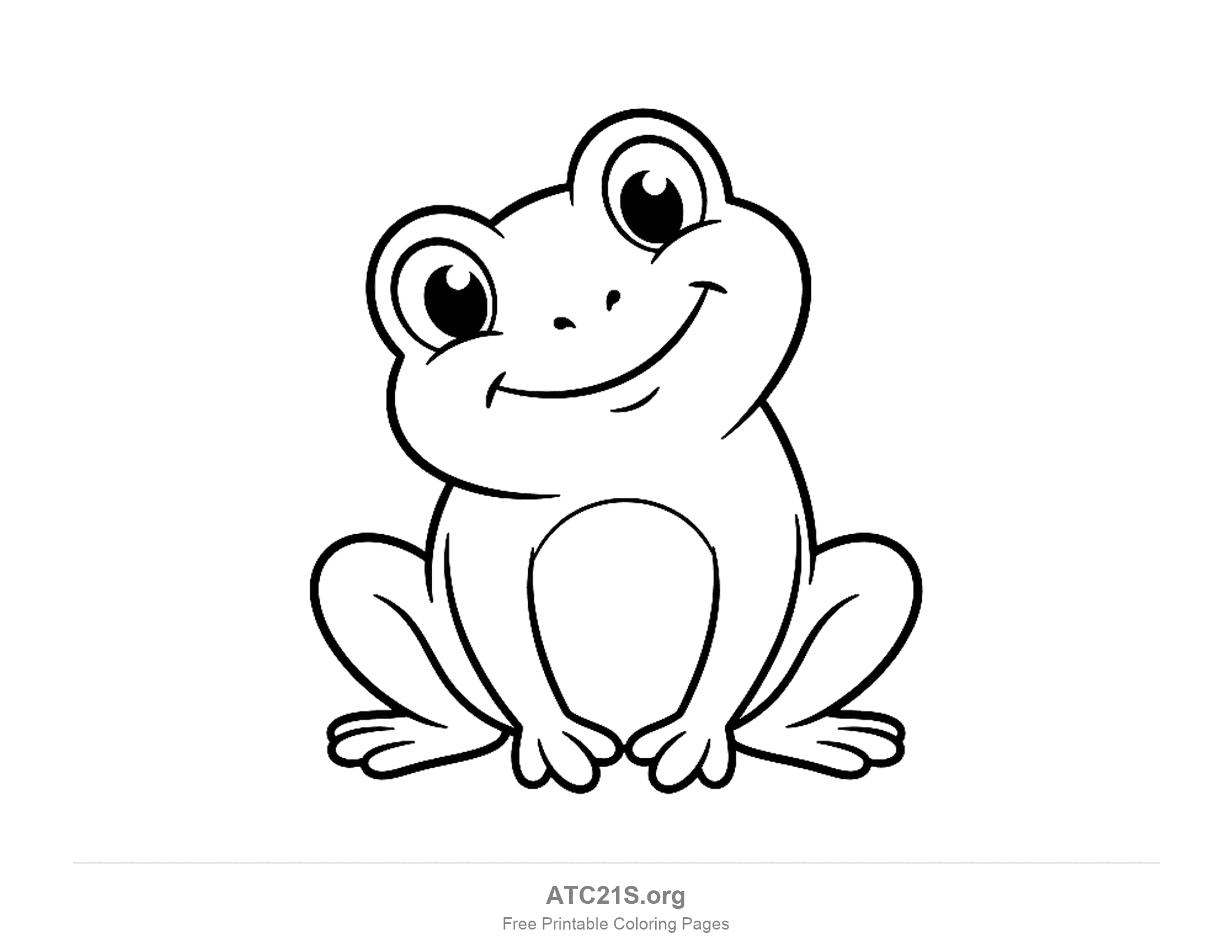 Cute cartoon frog sitting with its head tilted to one side and a small smile, simple coloring page for preschoolers