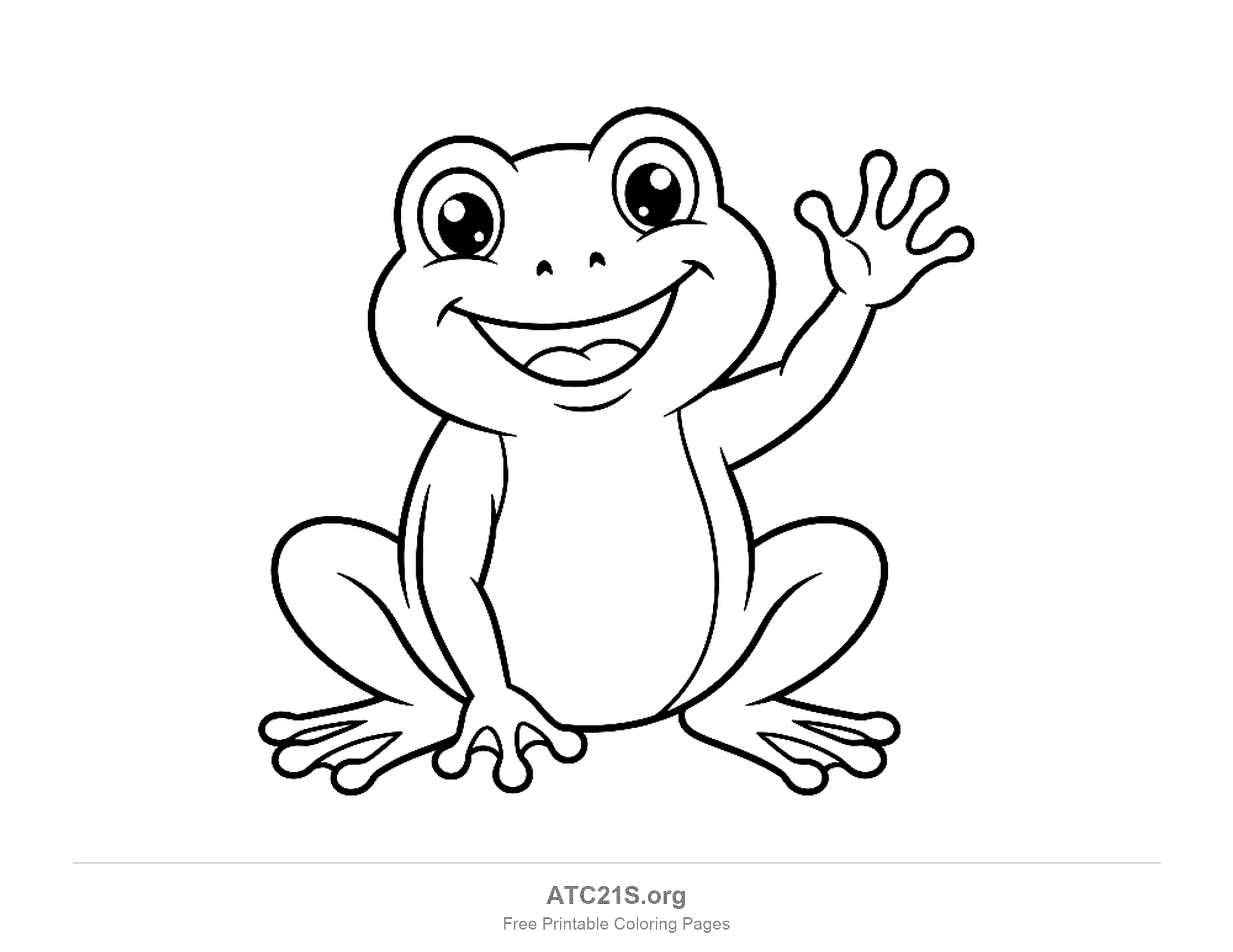 Cute cartoon frog sitting and waving one hand with a big open-mouth smile, printable coloring page