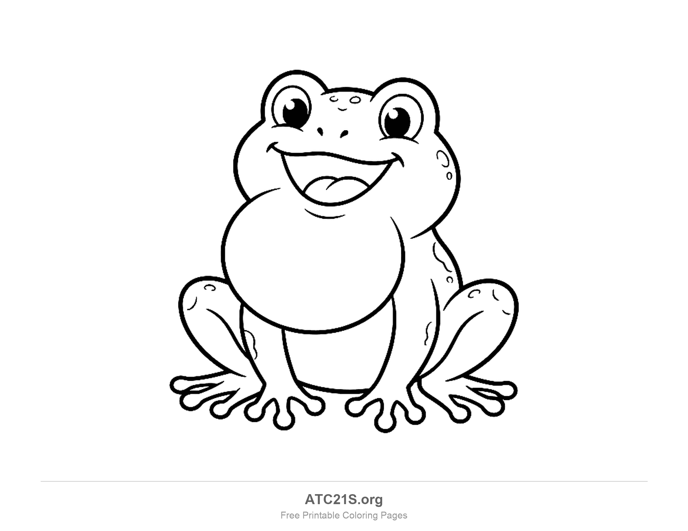 Smiling frog sitting with a big puffed throat sac and its mouth open, coloring page to print