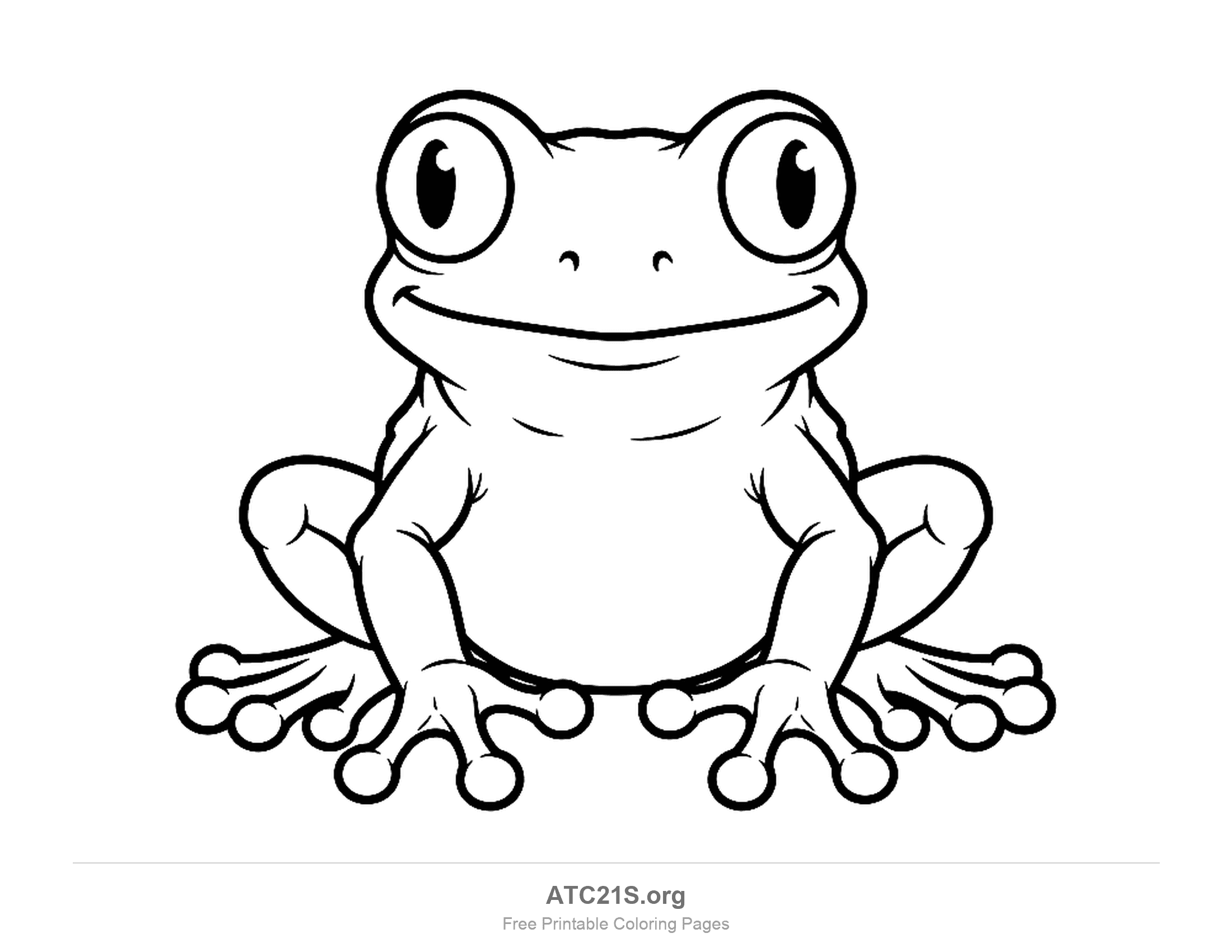 Tree frog sitting front-on with huge round eyes and sticky suction-pad toes, coloring page for kids