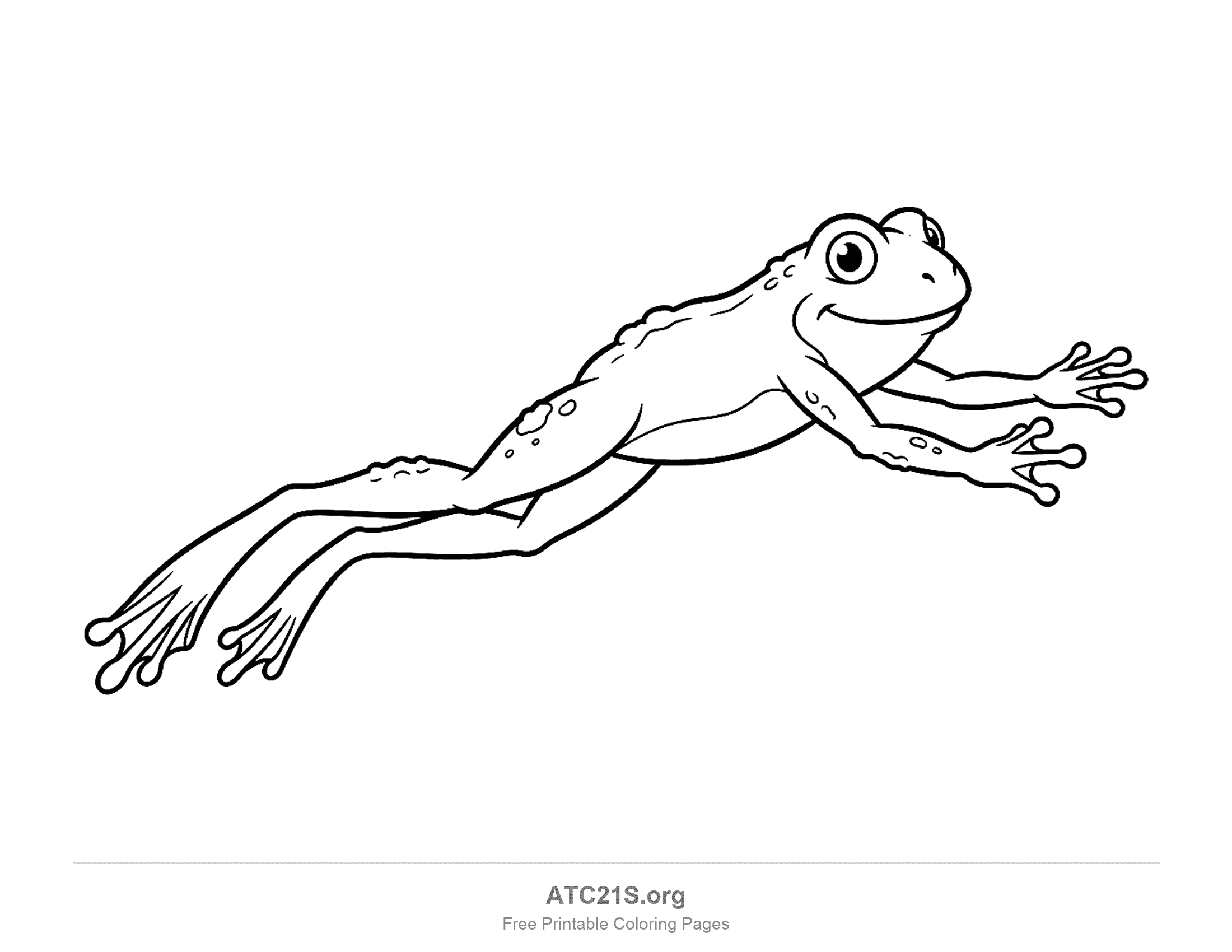 Frog leaping through the air with front legs reaching forward and webbed hind feet stretched back, coloring page