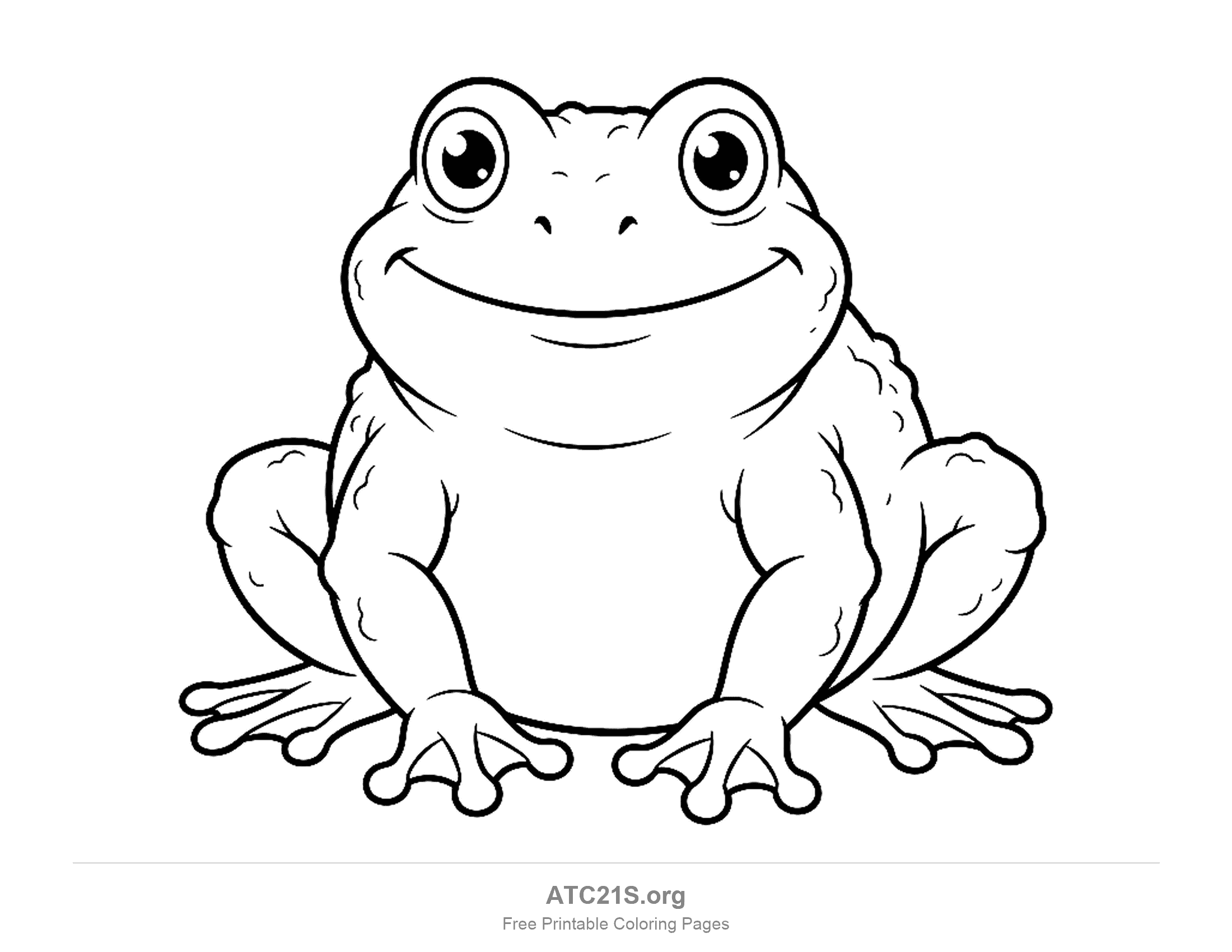 Chubby smiling frog sitting front-on with bumpy skin and thick legs, detailed coloring page for older kids