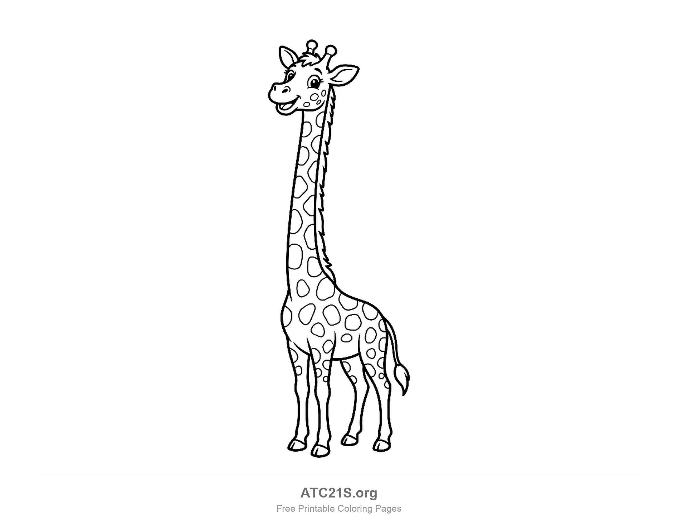Tall cartoon giraffe standing with a long straight neck and simple round spots, easy coloring page for preschoolers