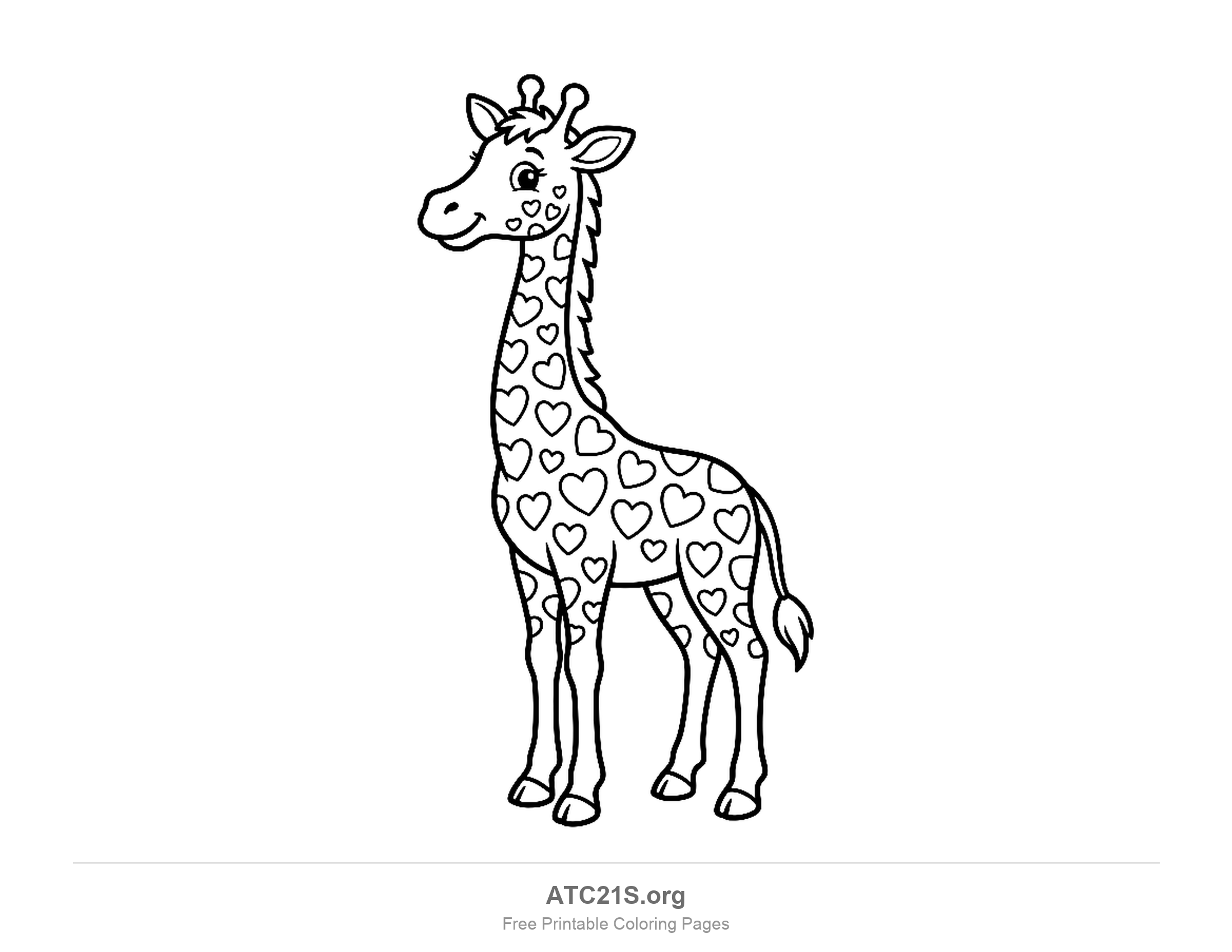 Smiling giraffe standing with heart-shaped spots all over its body, printable coloring page for kids
