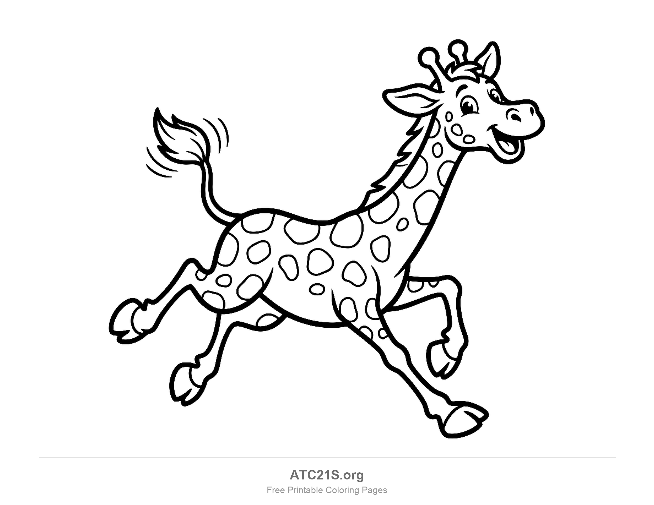 Happy cartoon giraffe prancing along with its legs kicking and tail flicking, coloring page to print