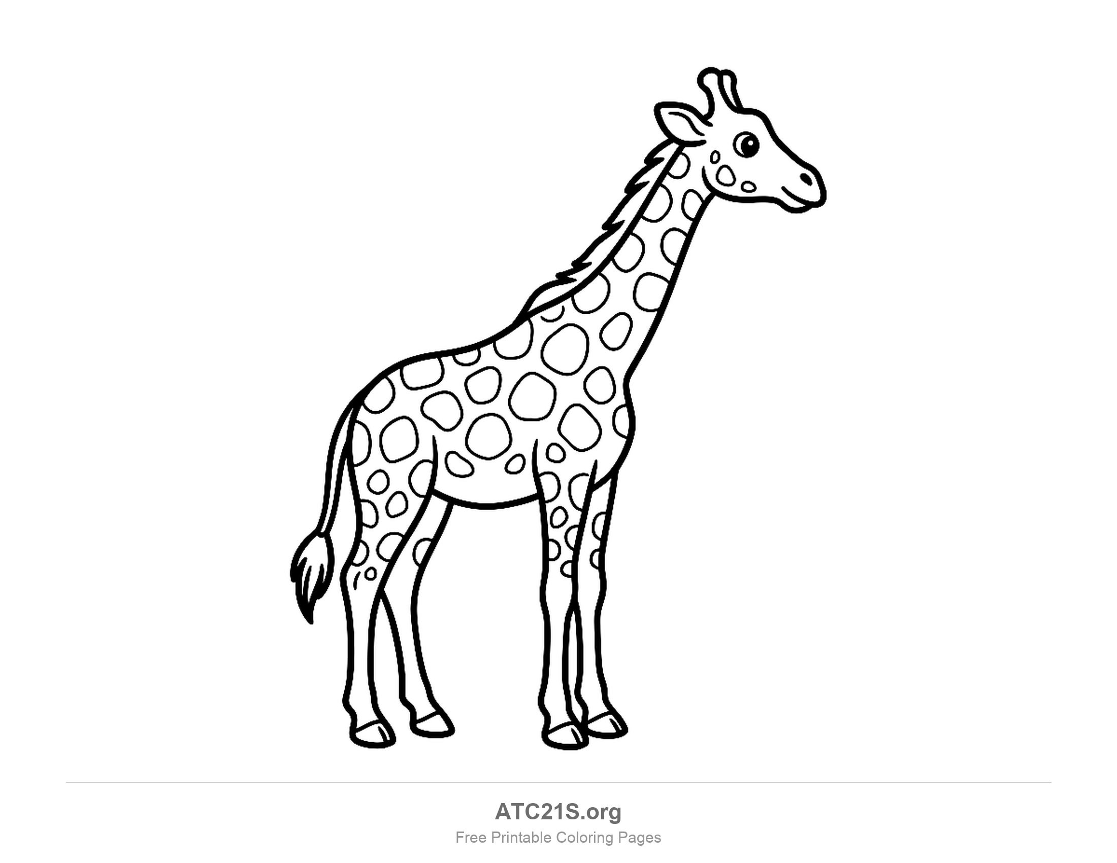 Giraffe standing still in side view with a curled tail and rounded spots, printable giraffe coloring page