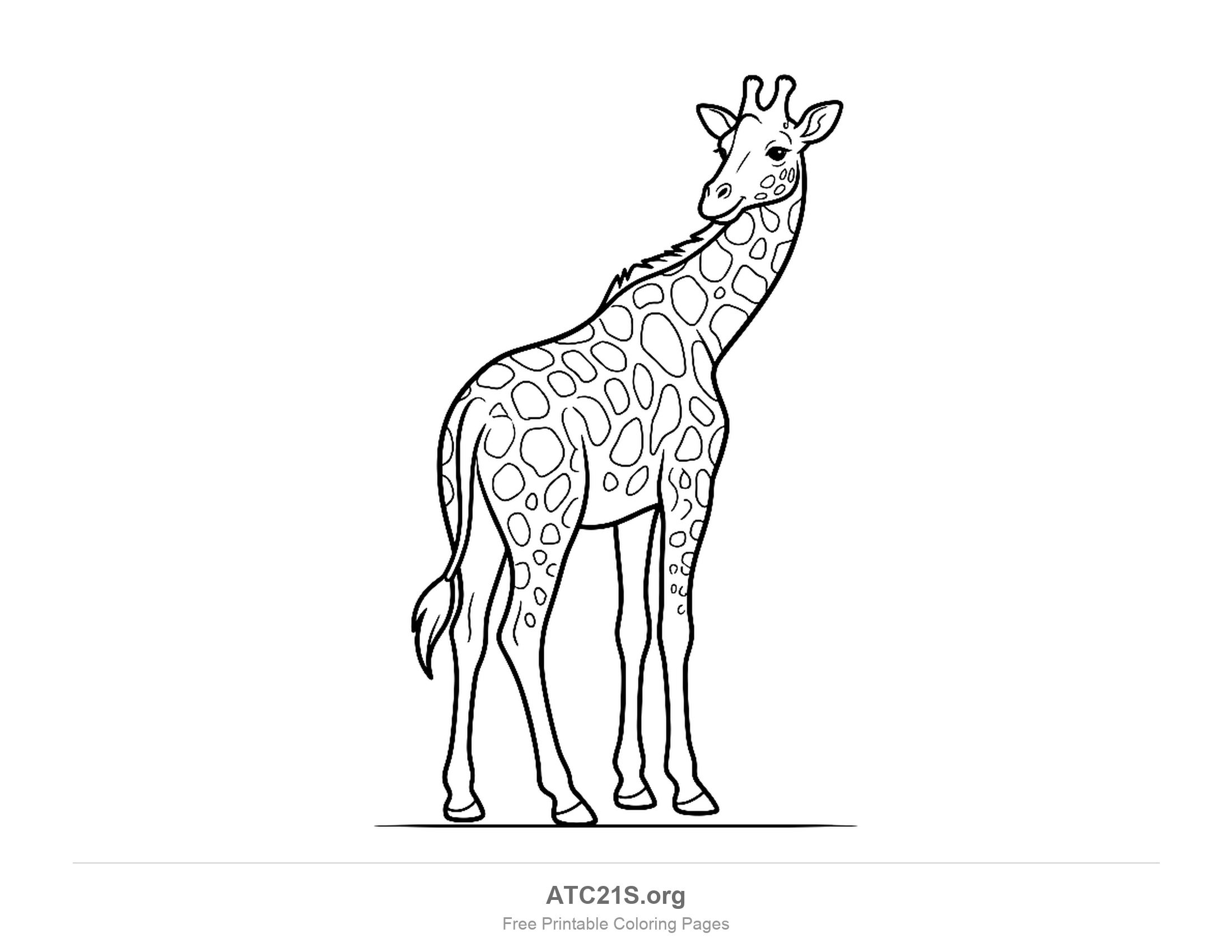 Giraffe standing and turning to look back over its shoulder, detailed coloring page with many small spots