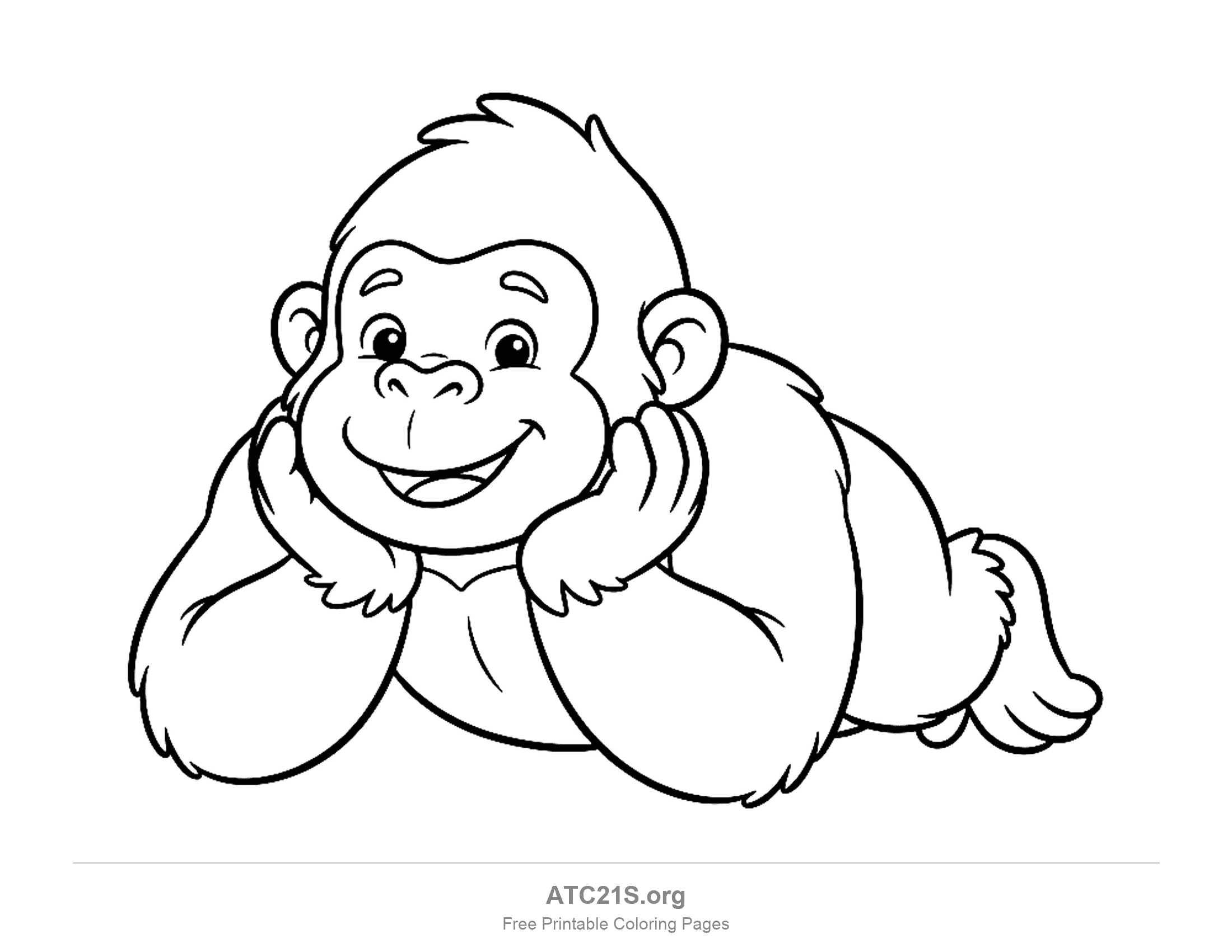 Cute cartoon gorilla lying on its belly with its chin resting in both hands and a wide smile, simple coloring page for preschoolers