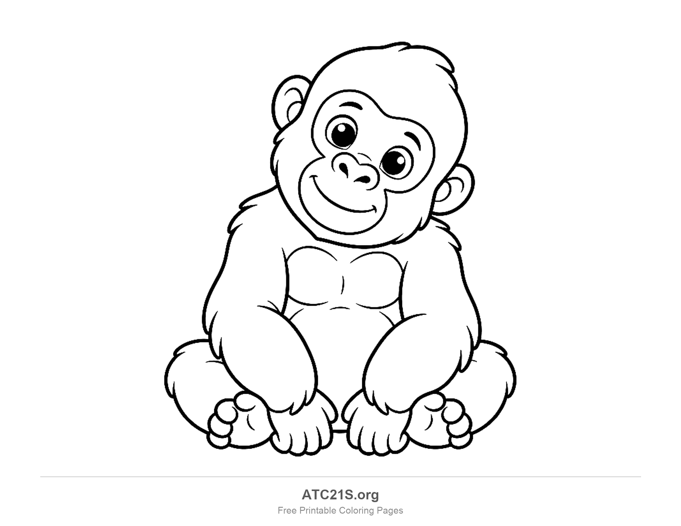 Cute baby gorilla sitting front-on with big round eyes, a smile and its feet tucked in, printable coloring page