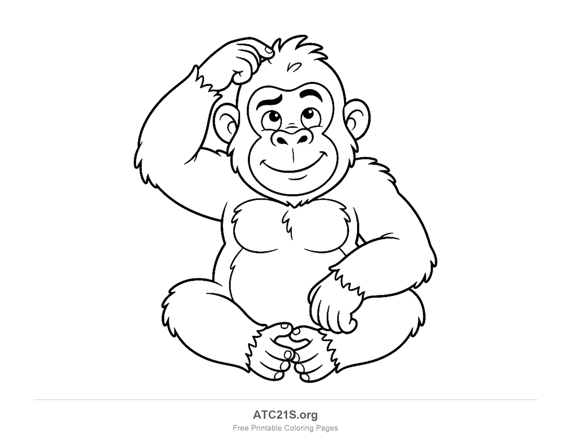 Cute cartoon gorilla sitting and scratching its head with one hand, looking puzzled with a small smile, coloring page to print