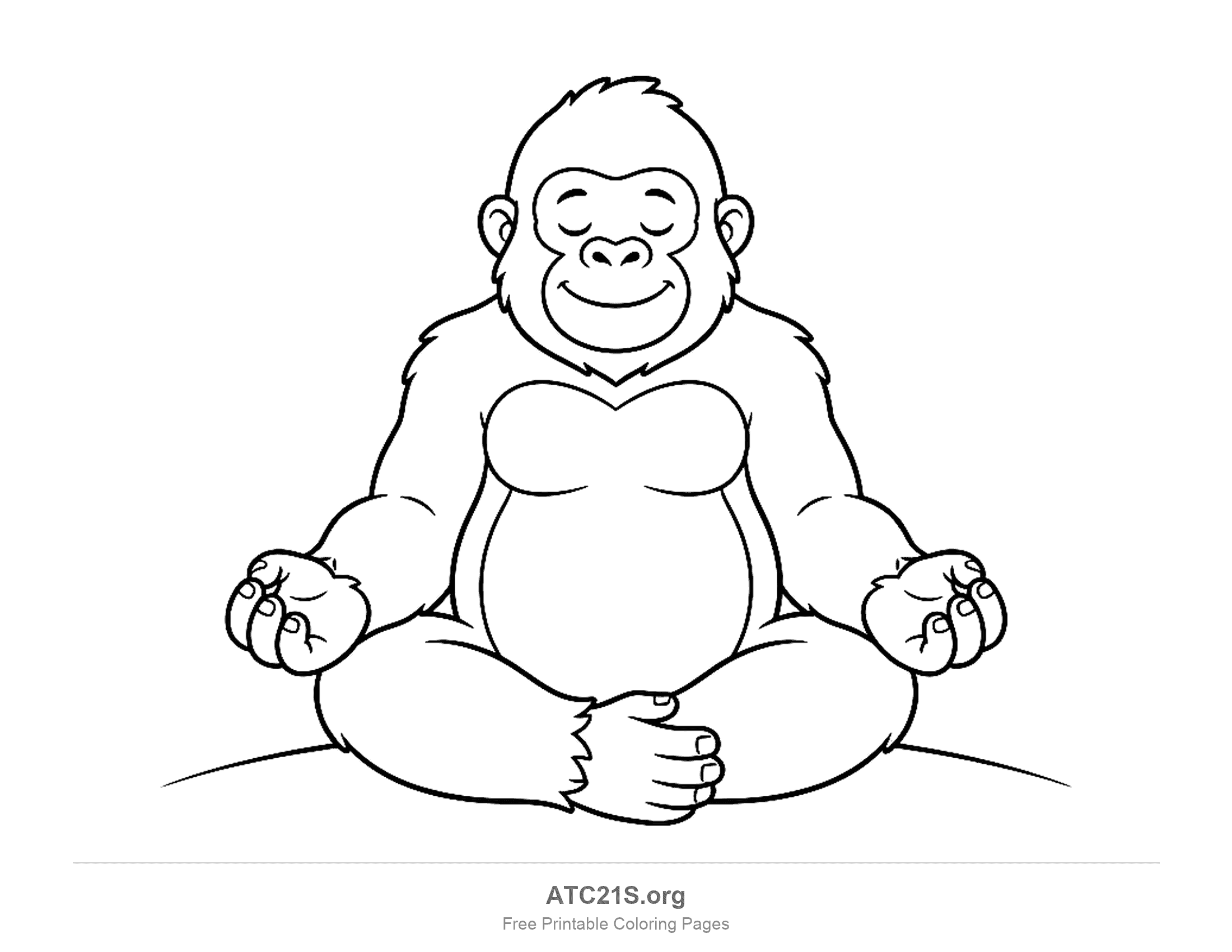 Gorilla sitting cross-legged with eyes closed and a calm smile, hands resting on its knees, coloring page for kids