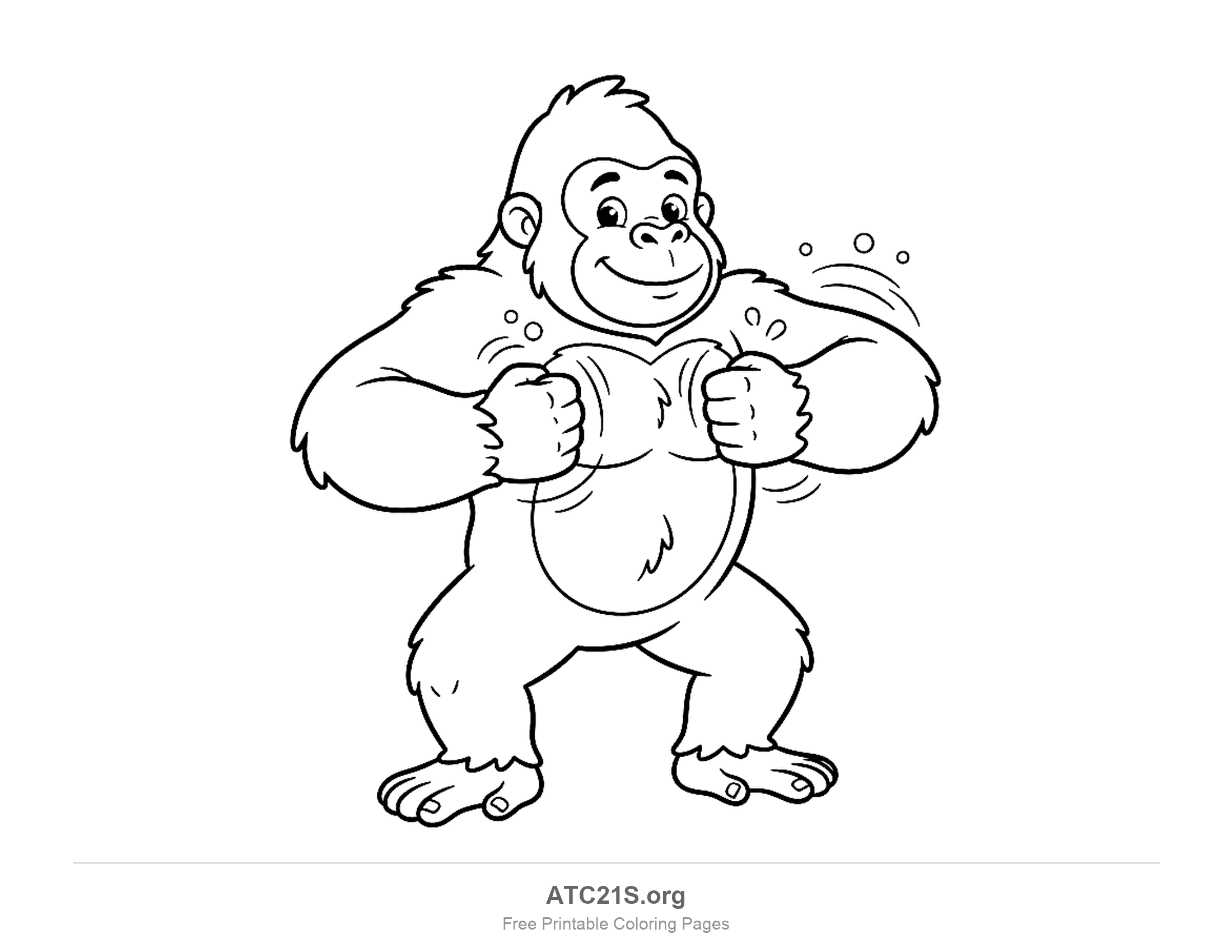 Playful cartoon gorilla standing upright and beating its chest with both fists, motion lines around its arms, coloring page