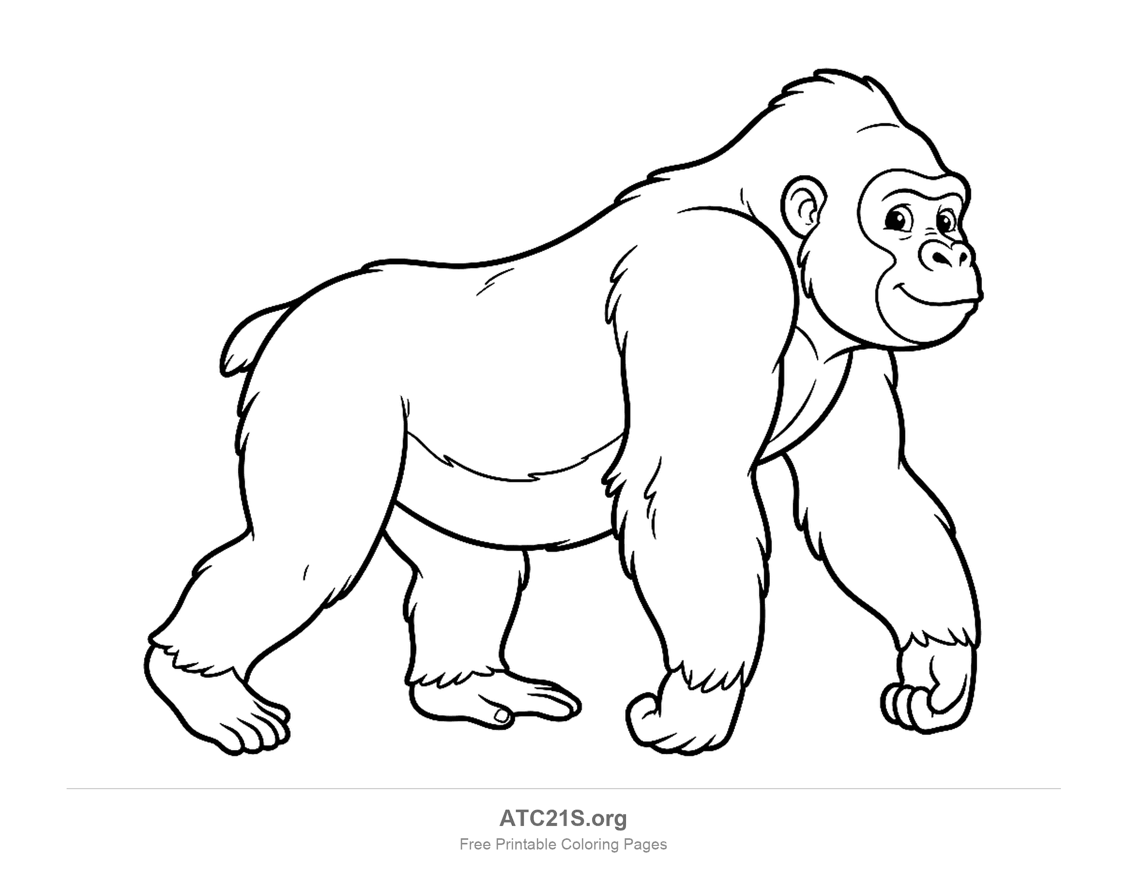 Gorilla walking on its knuckles in side profile with a smile, coloring page