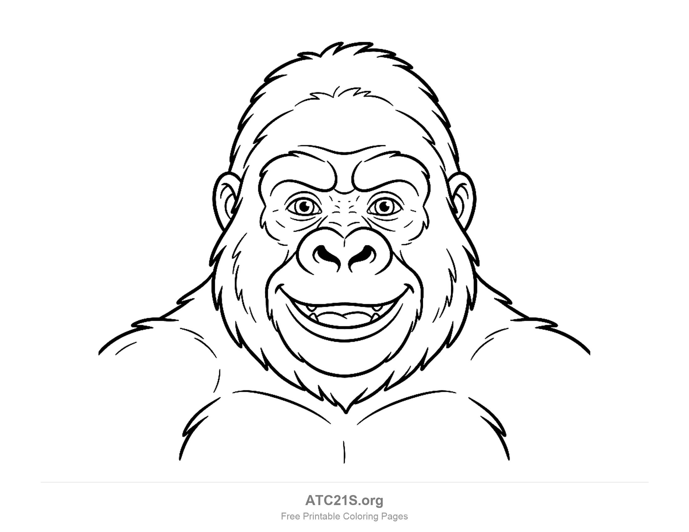 Detailed gorilla head and shoulders looking forward with a smile, wrinkled face and thick fur, coloring page for older kids