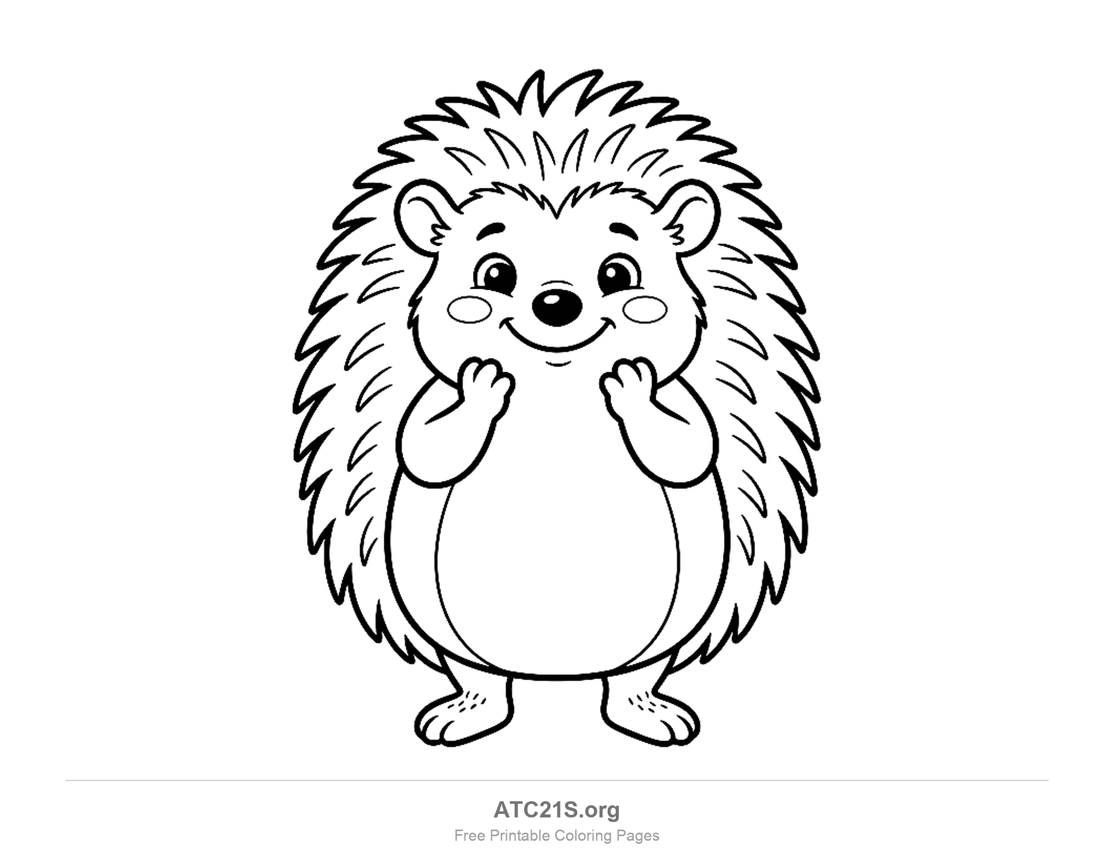 Cute cartoon hedgehog standing on its hind legs with paws raised by its cheeks, round belly, blushing cheeks and a smile, simple coloring page for preschoolers