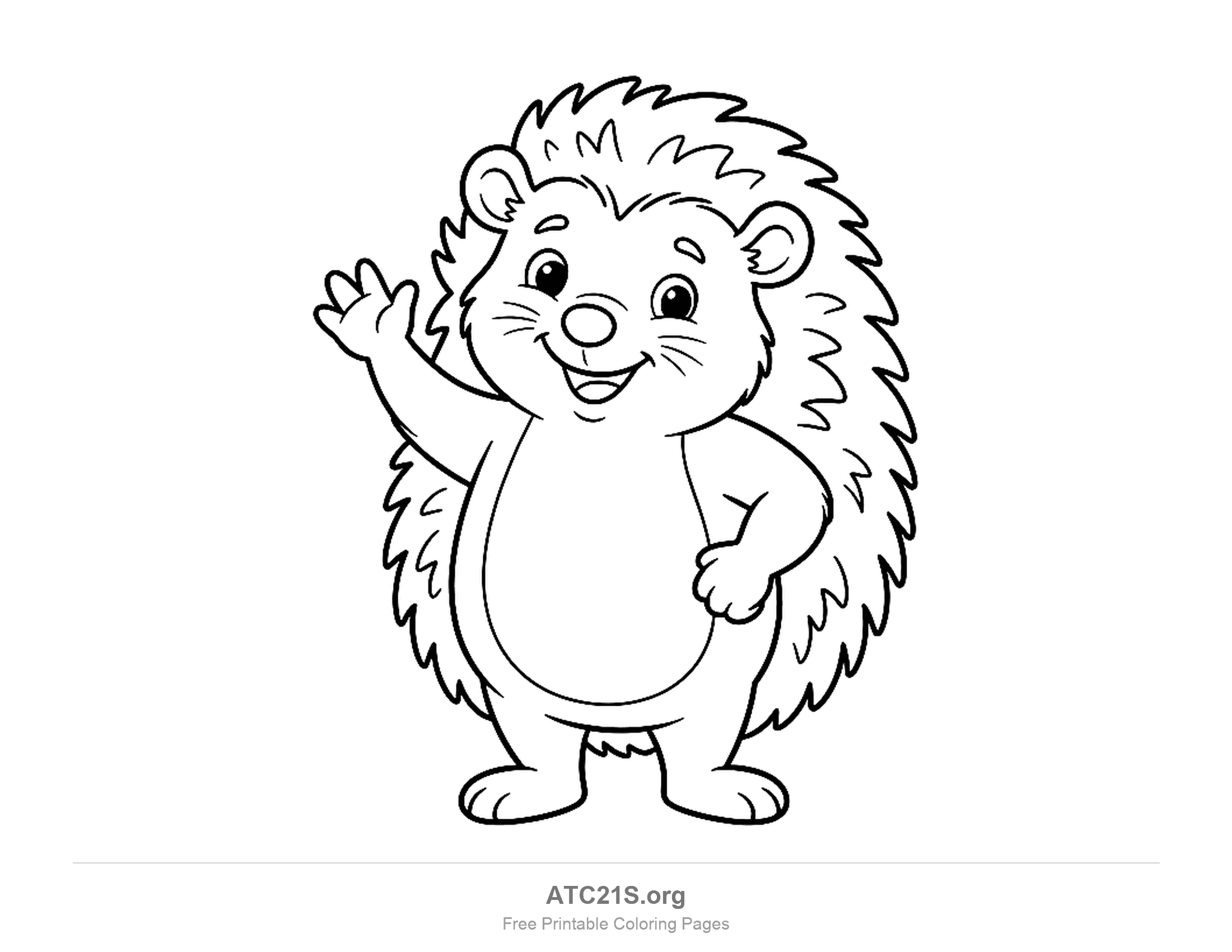 Cute cartoon hedgehog standing upright and waving one paw, the other on its hip, with whiskers, a round belly and spines down its back, printable coloring page