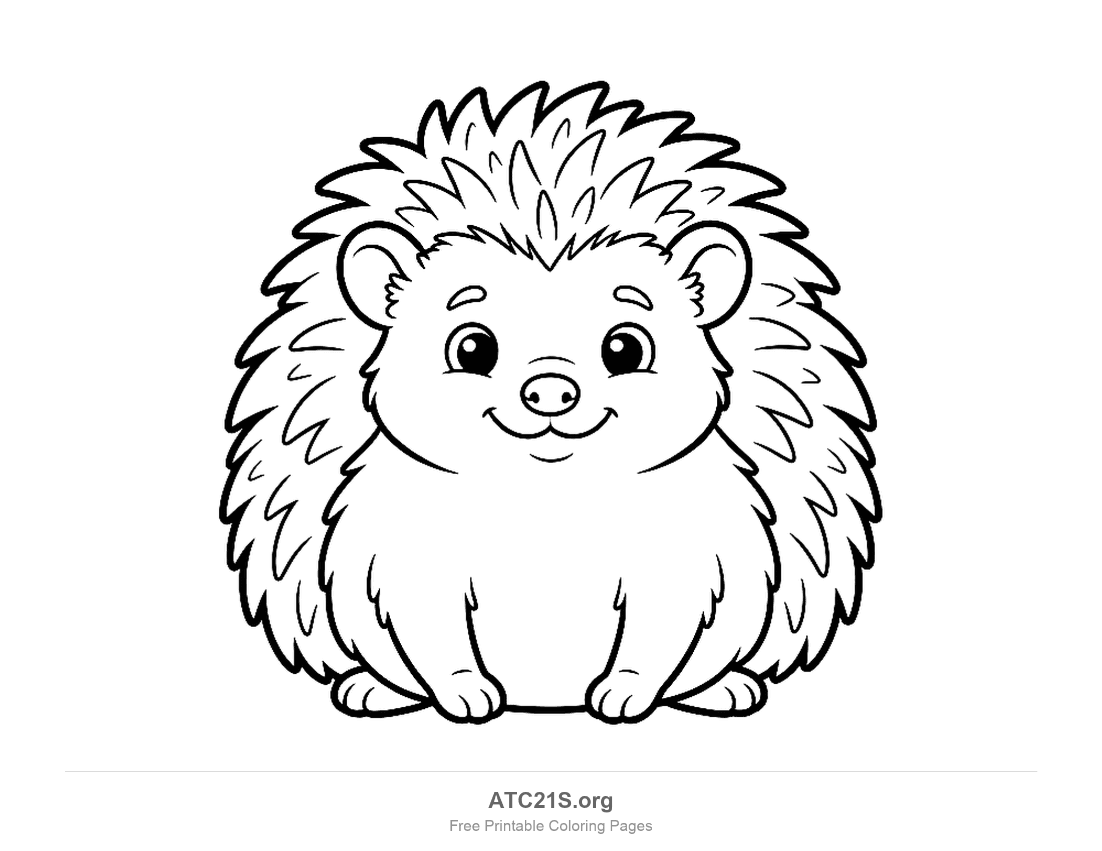 Chubby baby hedgehog sitting front-on with big round eyes, a smile, tiny paws and a halo of spines, coloring page for kids