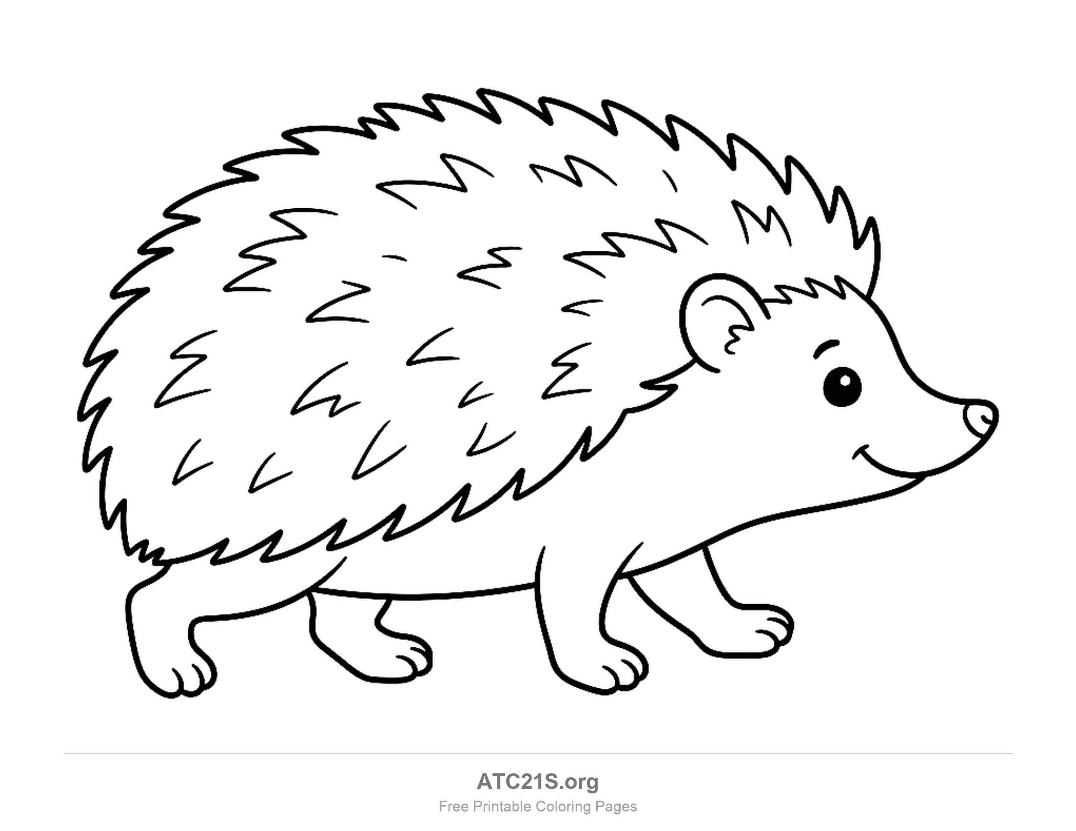 Hedgehog walking in side profile with a pointed snout, a smile, short legs and a coat of zigzag spines, coloring page