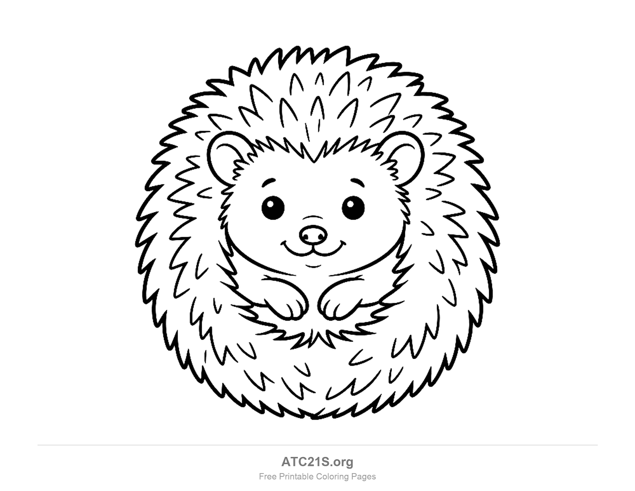Cute hedgehog curled into a round spiky ball with its smiling face and two paws peeking out of the spines, coloring page