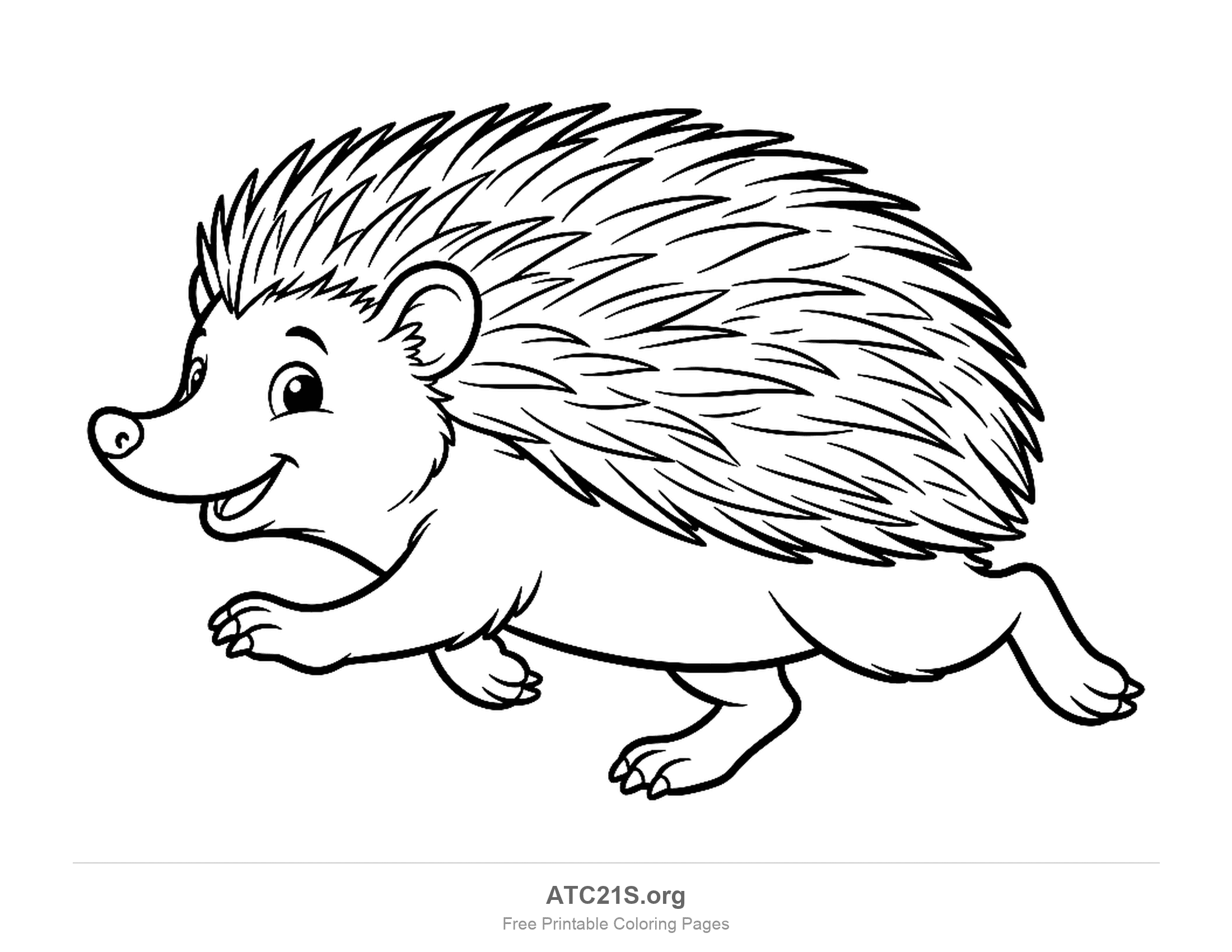 Detailed hedgehog running in mid-stride with individual quills, claws, a smiling open mouth and a pointed snout, coloring page for older kids