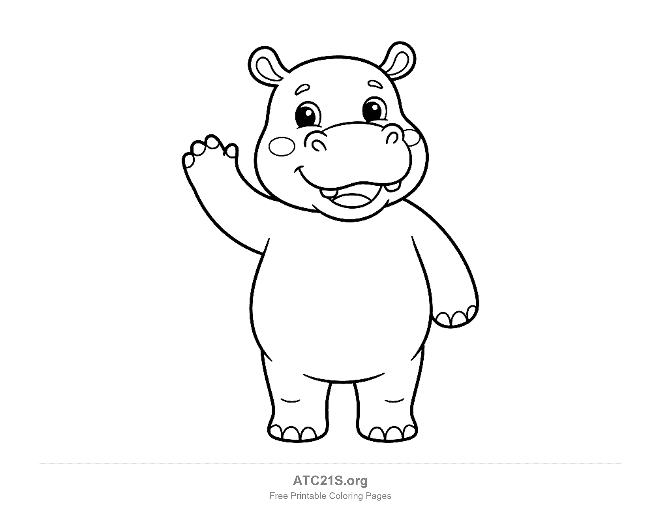 Cute cartoon hippo standing upright and waving one paw, with round cheeks, a smile and a round belly, simple coloring page for preschoolers