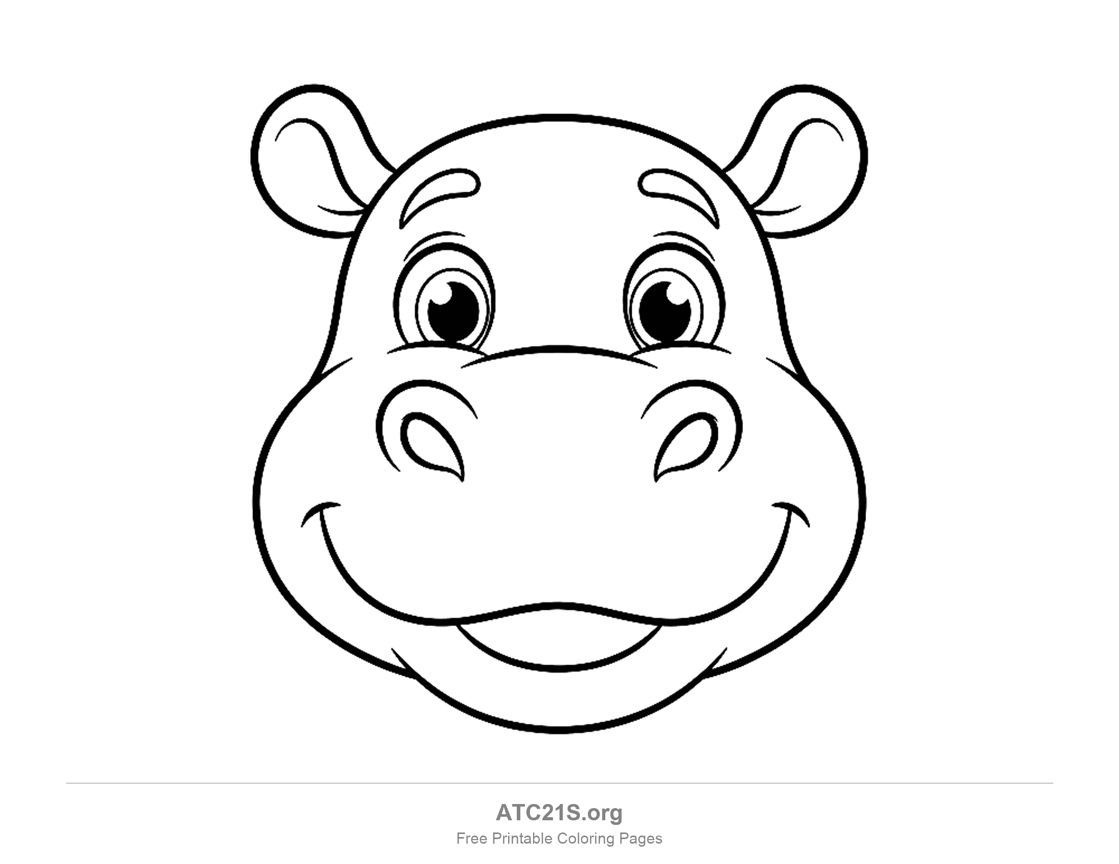 Close-up cartoon hippo face with large round eyes, a wide smiling muzzle, tiny ears and nostrils, printable coloring page