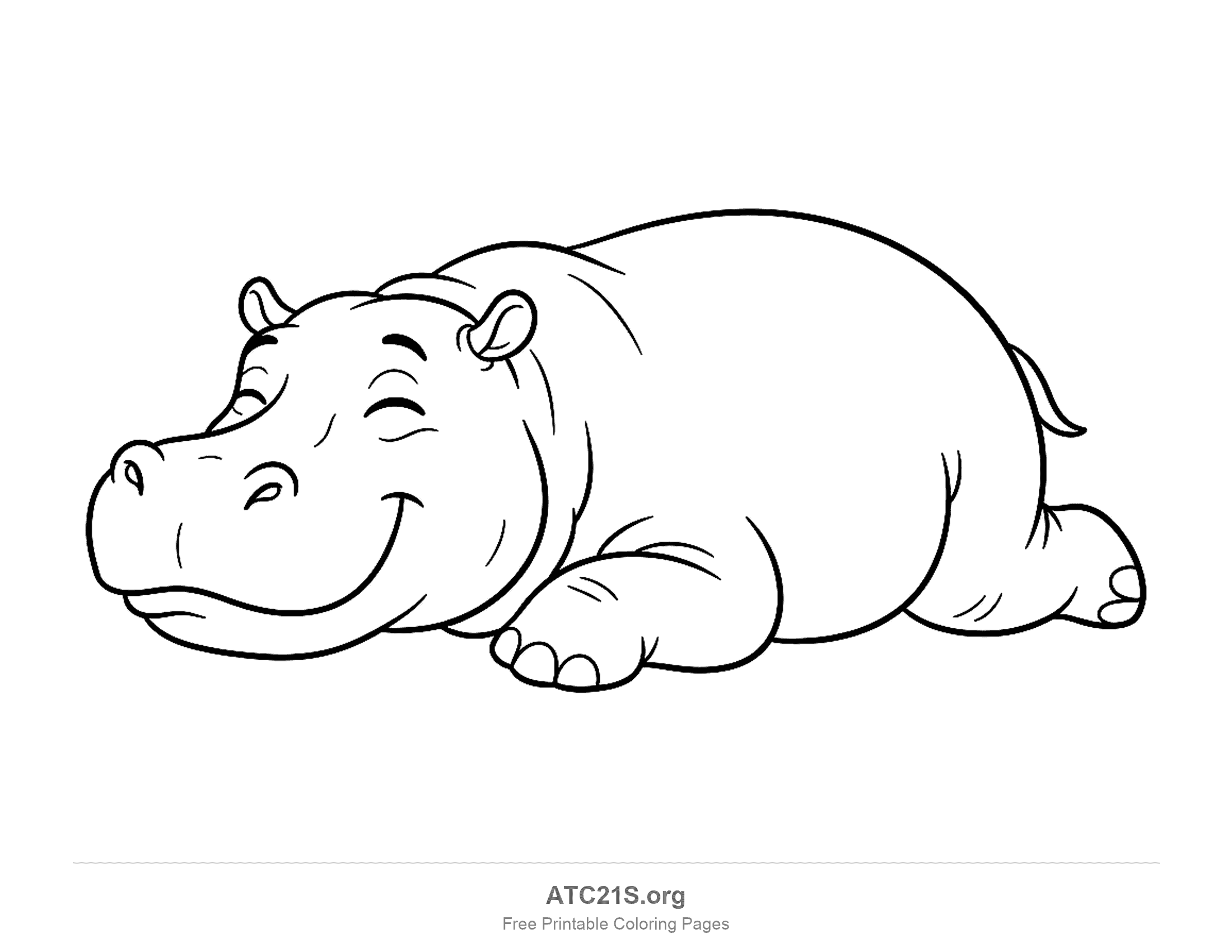 Hippo sleeping on its belly with closed happy eyes, a smile, a stubby tail and its head resting on the ground, coloring page to print