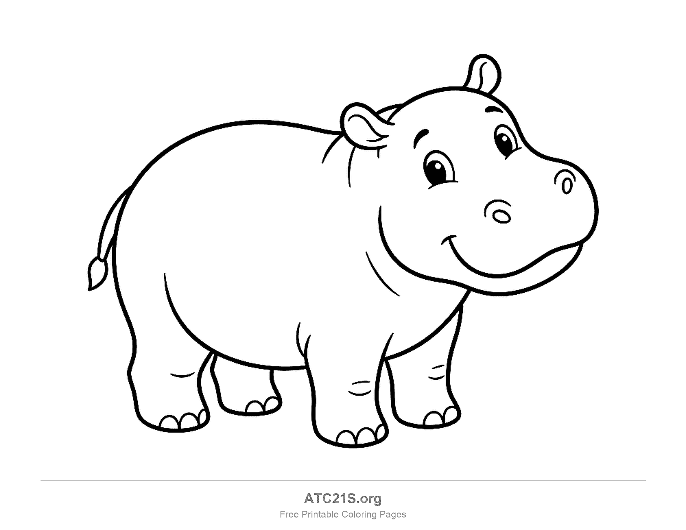 Curious cartoon hippo standing in three-quarter view looking toward you with a smile, round body and a small tufted tail, coloring page for kids