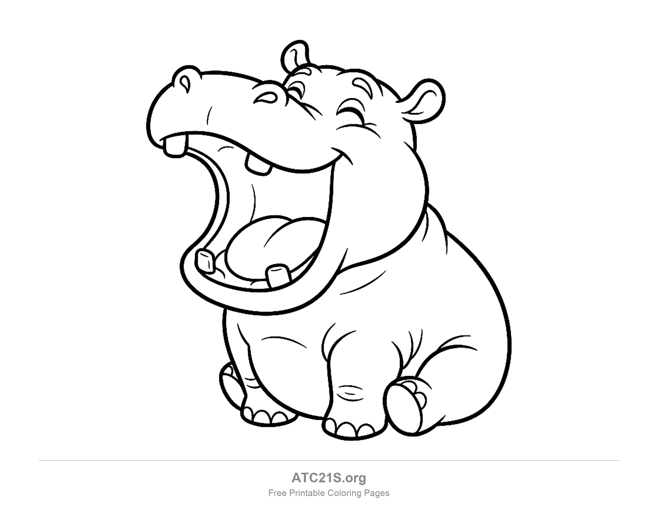 Sitting hippo with its mouth stretched wide in a yawn, eyes closed, teeth and tongue showing, coloring page