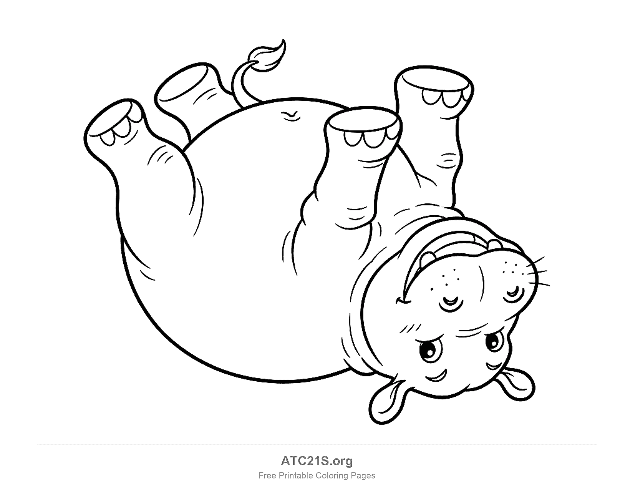 Playful hippo rolling on its back with paws in the air, whiskers, a tongue sticking out and toe pads showing, coloring page