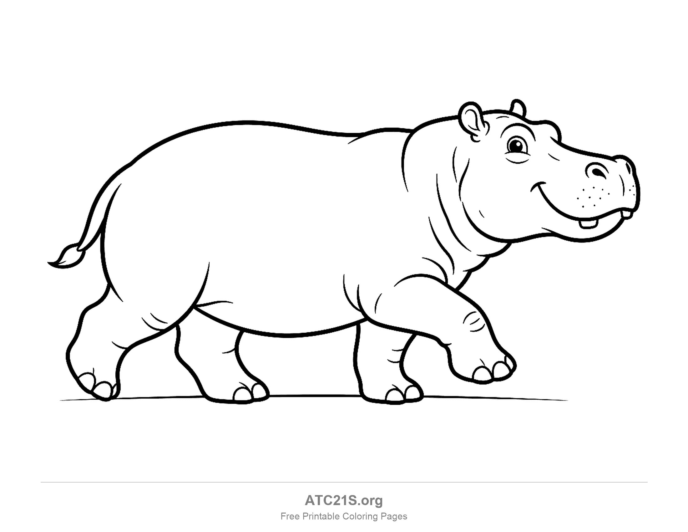 Hippo walking in side profile with a barrel body, short legs, a smiling muzzle and a tufted tail, detailed coloring page for older kids
