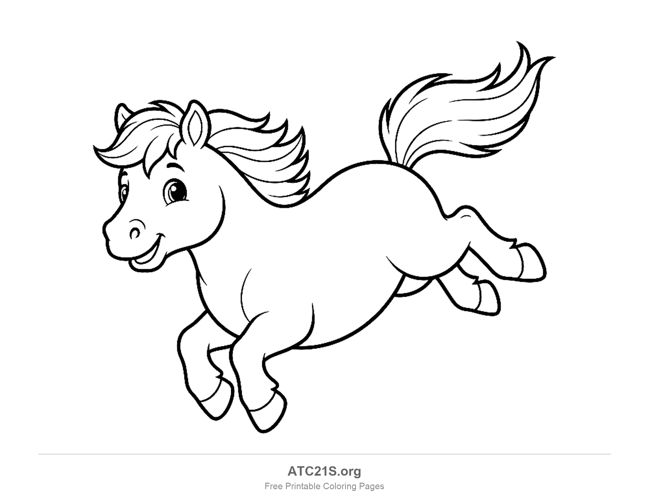 Cute cartoon pony leaping through the air with a smiling face and a fluffy tail, simple coloring page for preschoolers