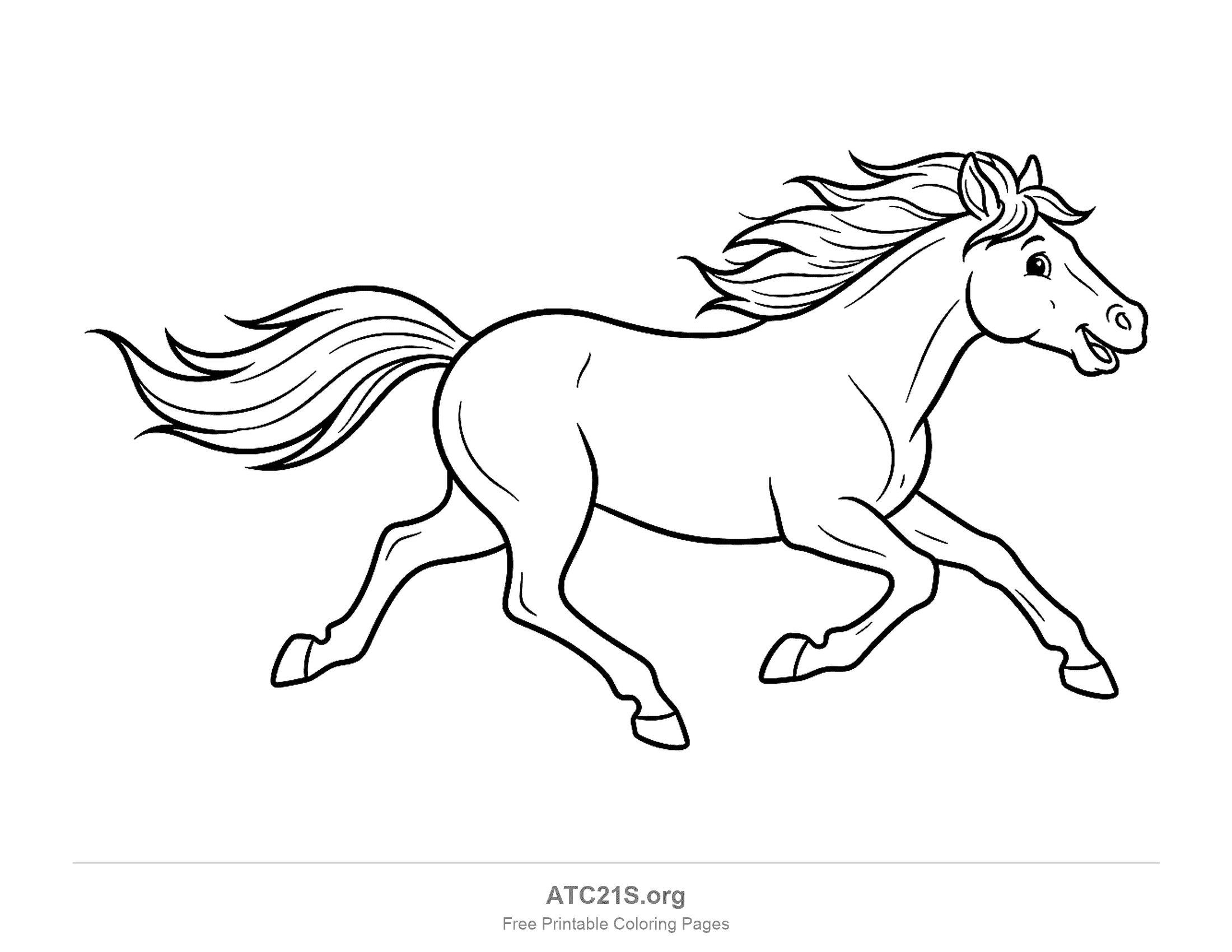 Cartoon horse galloping with a flowing mane and tail, printable coloring page