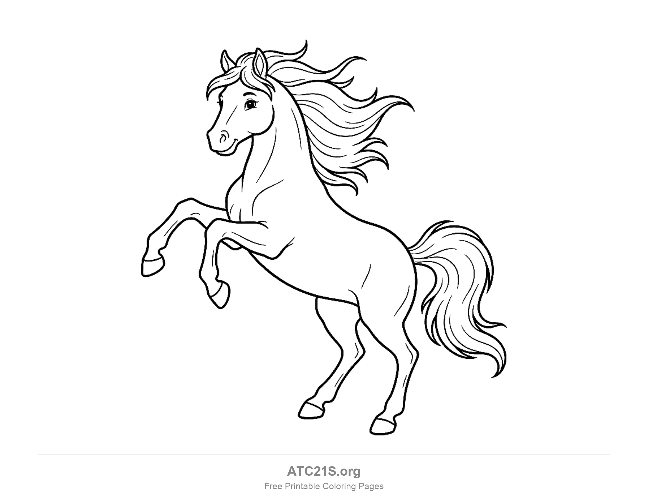 Horse rearing up on its hind legs with a flowing mane and tail, coloring page to print