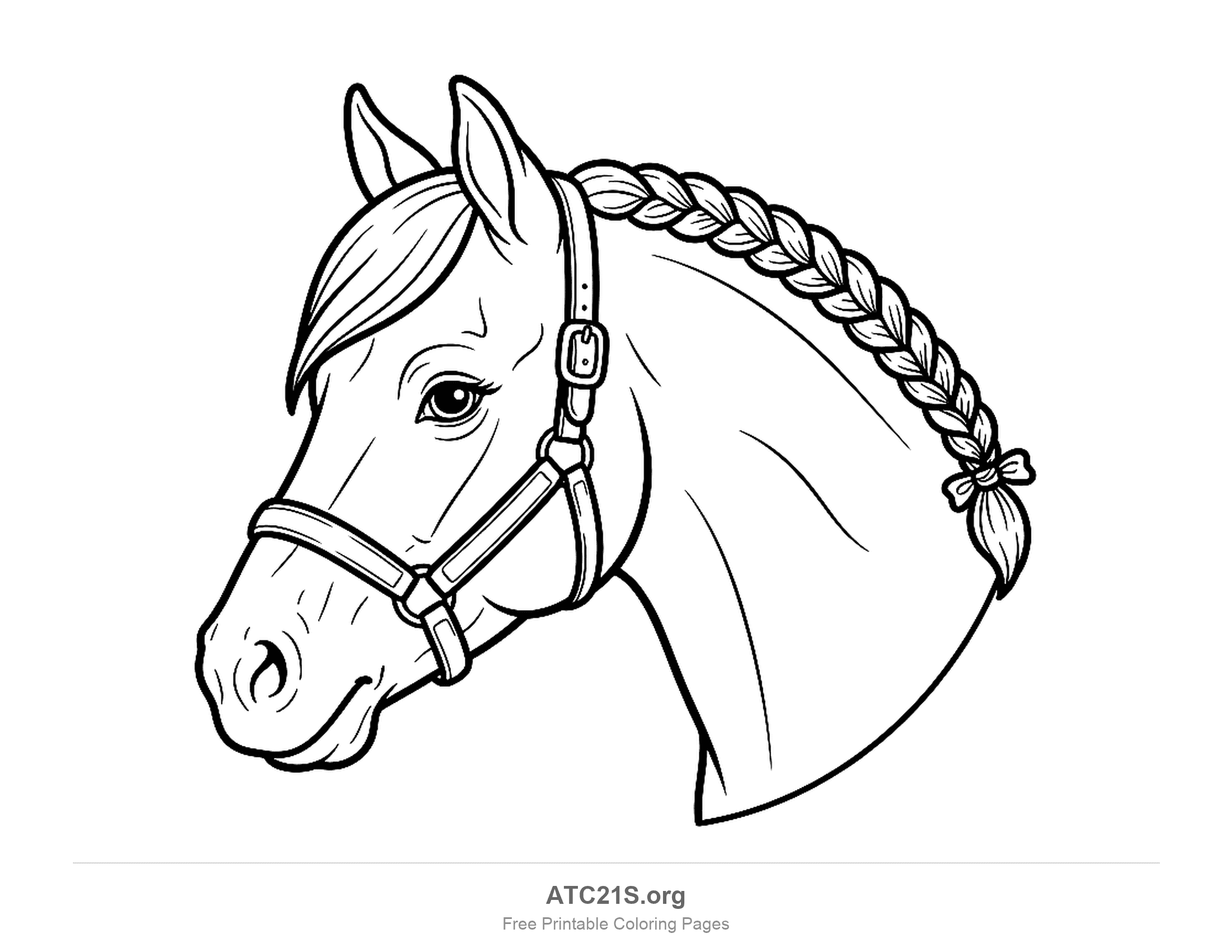 Horse head in profile with a braided mane, bow and leather halter, coloring page for kids