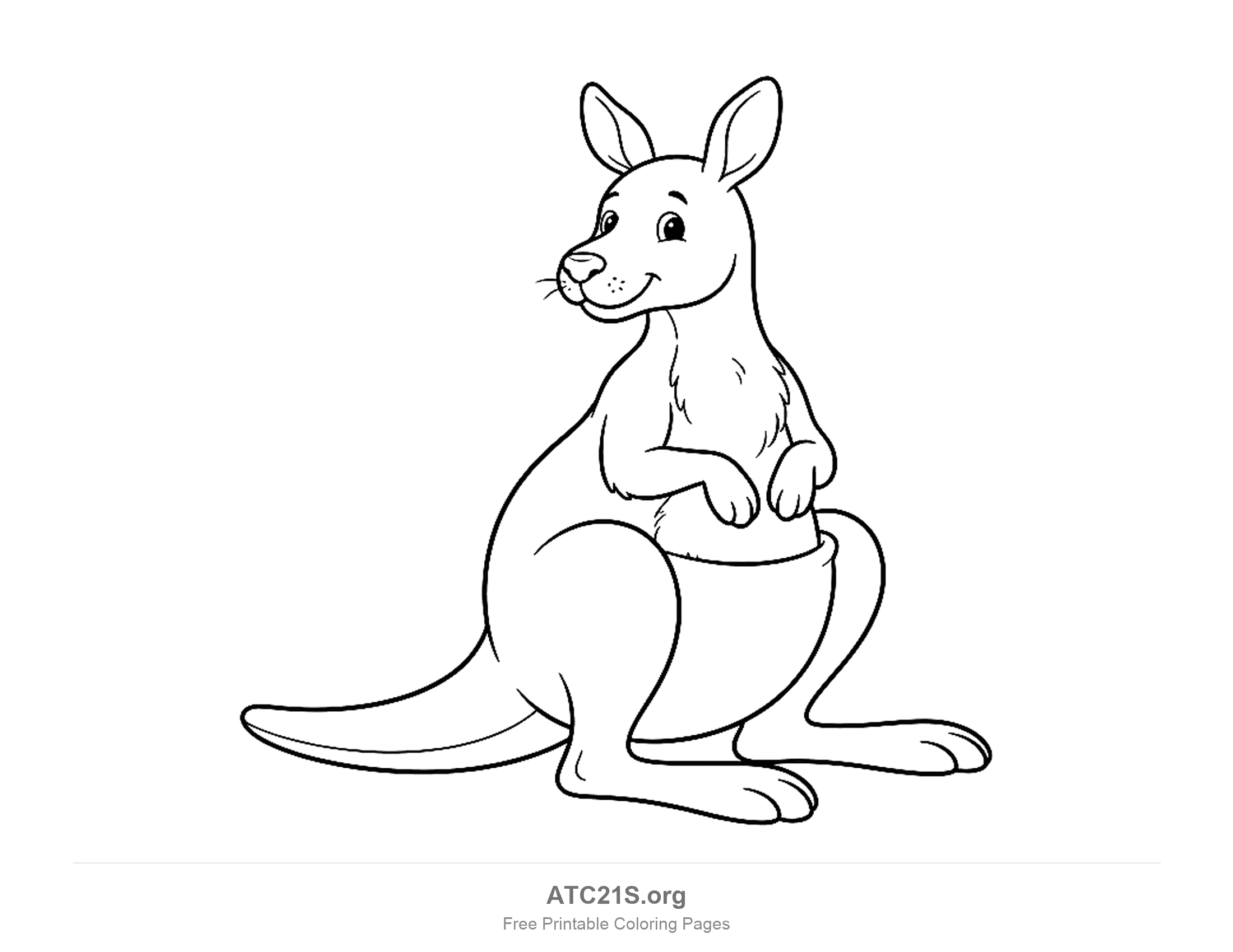 Cute cartoon kangaroo sitting on its haunches with paws together and a long tail, simple coloring page for preschoolers