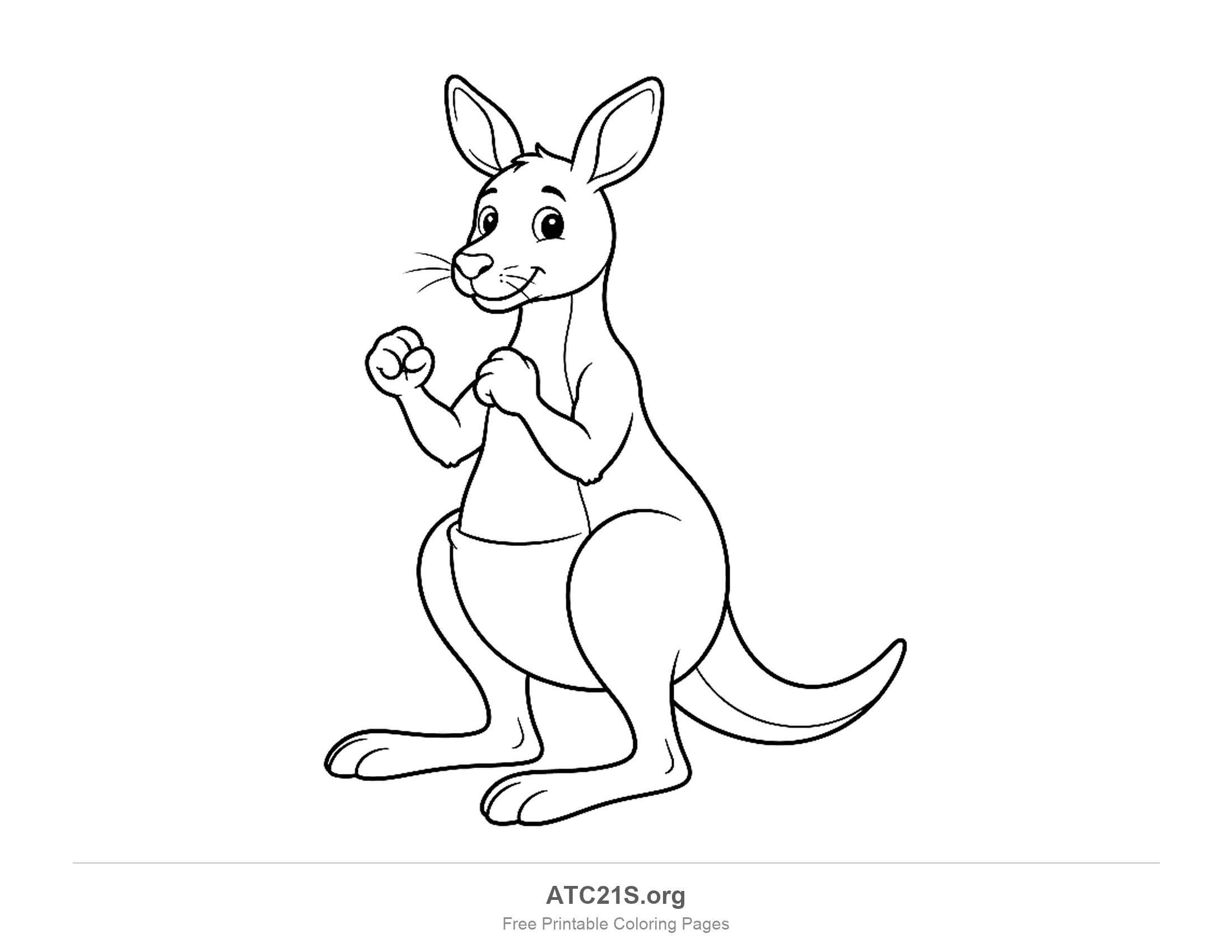 Playful cartoon kangaroo in a boxing stance with both fists raised, sitting on its haunches and smiling, printable coloring page
