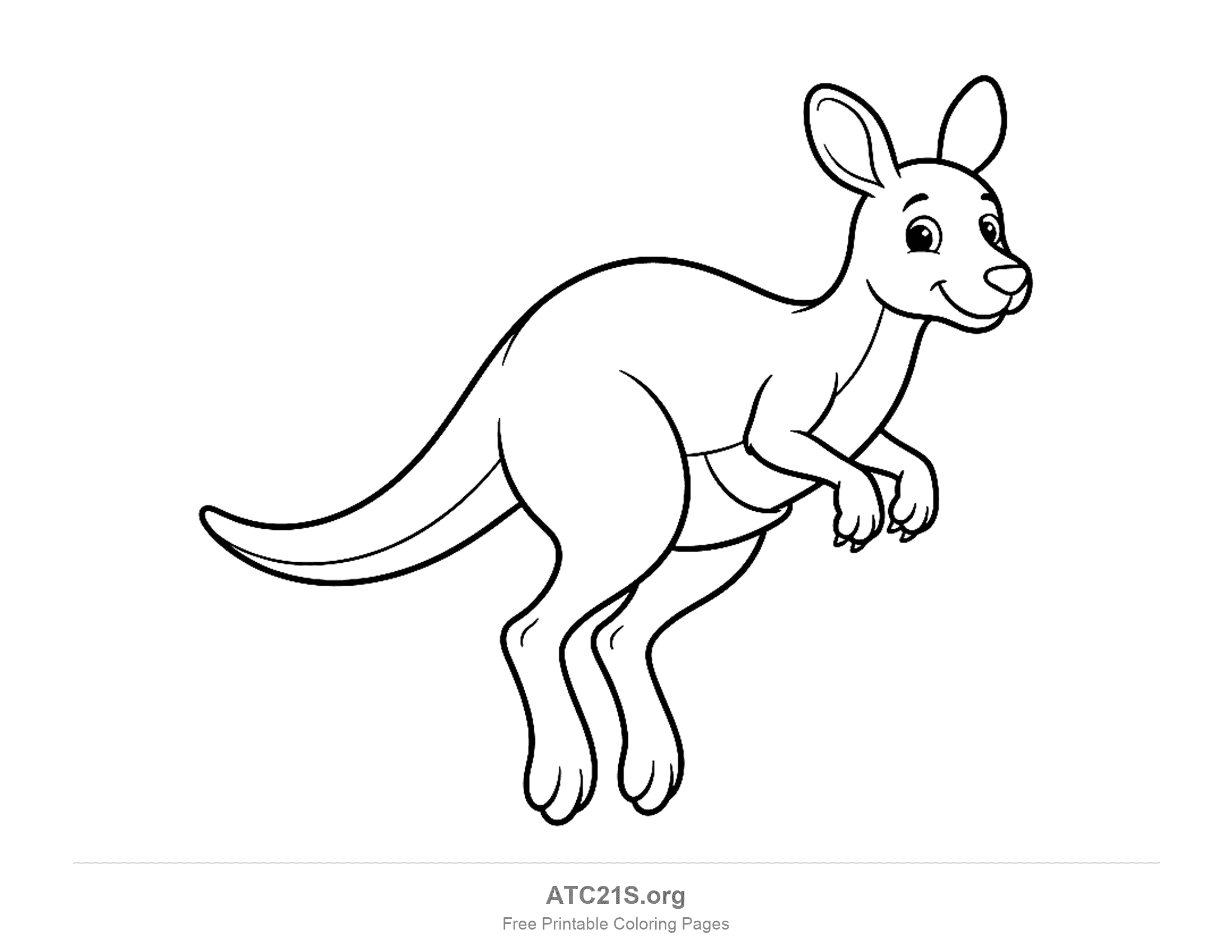Cute cartoon kangaroo hopping mid-air with a smile, its tail stretched out behind and front paws tucked, coloring page to print