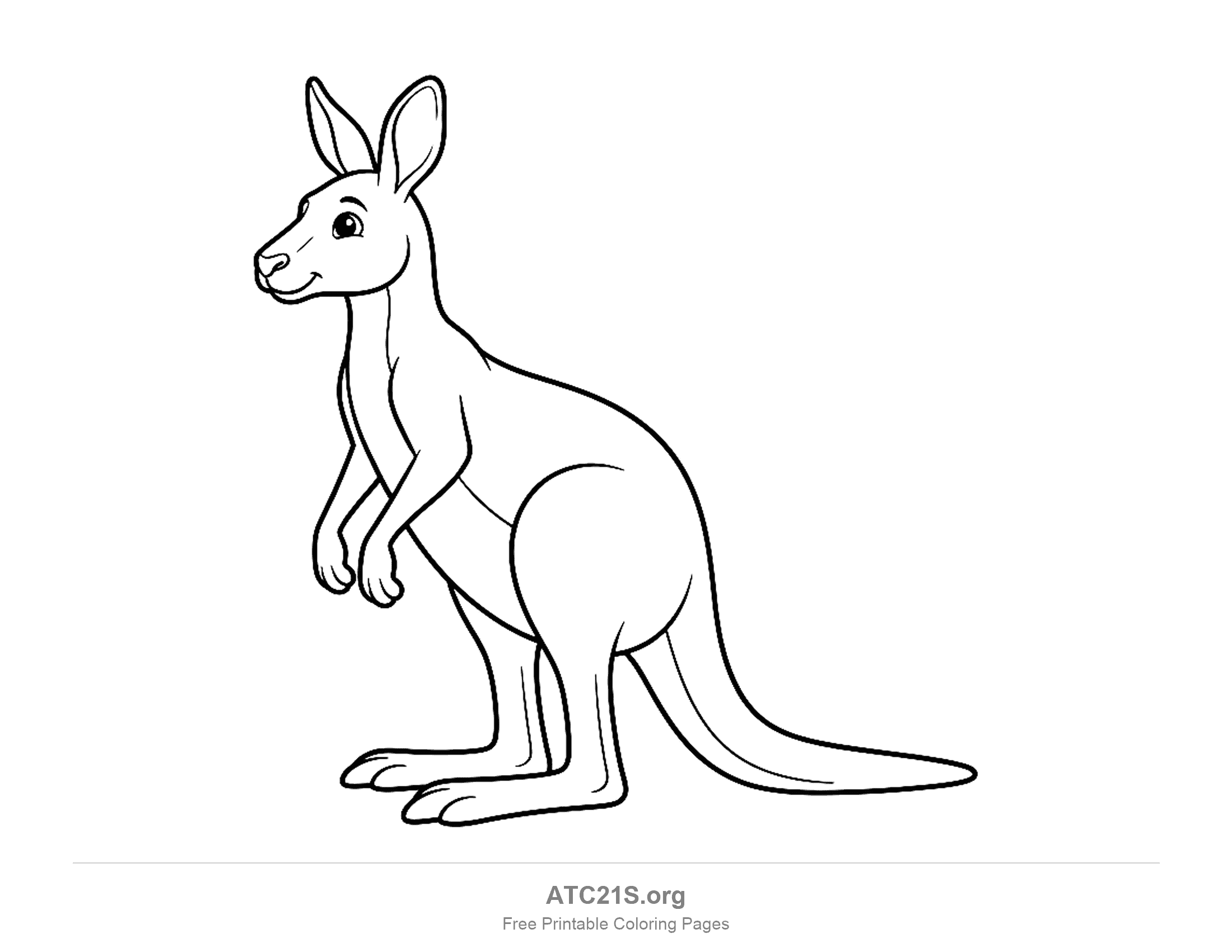Kangaroo standing in side profile looking left, with a long tail, small front paws and large back feet, coloring page for kids