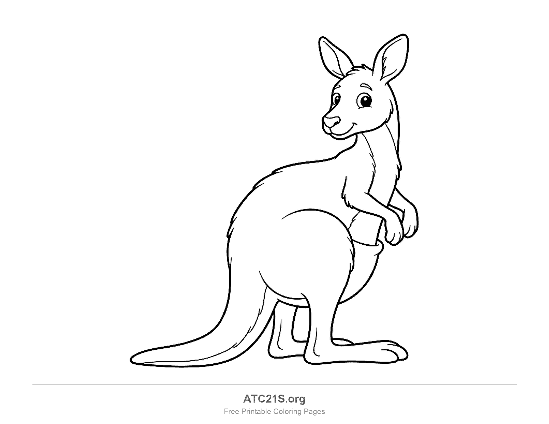 Kangaroo sitting and looking back over its shoulder with a smile, chest fur and a long tail, coloring page